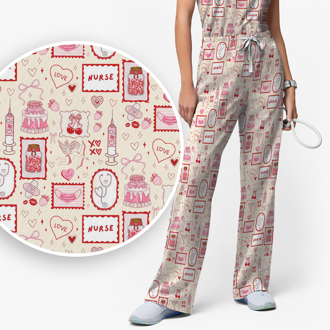 Nurse Icons Hearts Syringes Valentine Scrub Set, Scrub Pants and V Neck Top