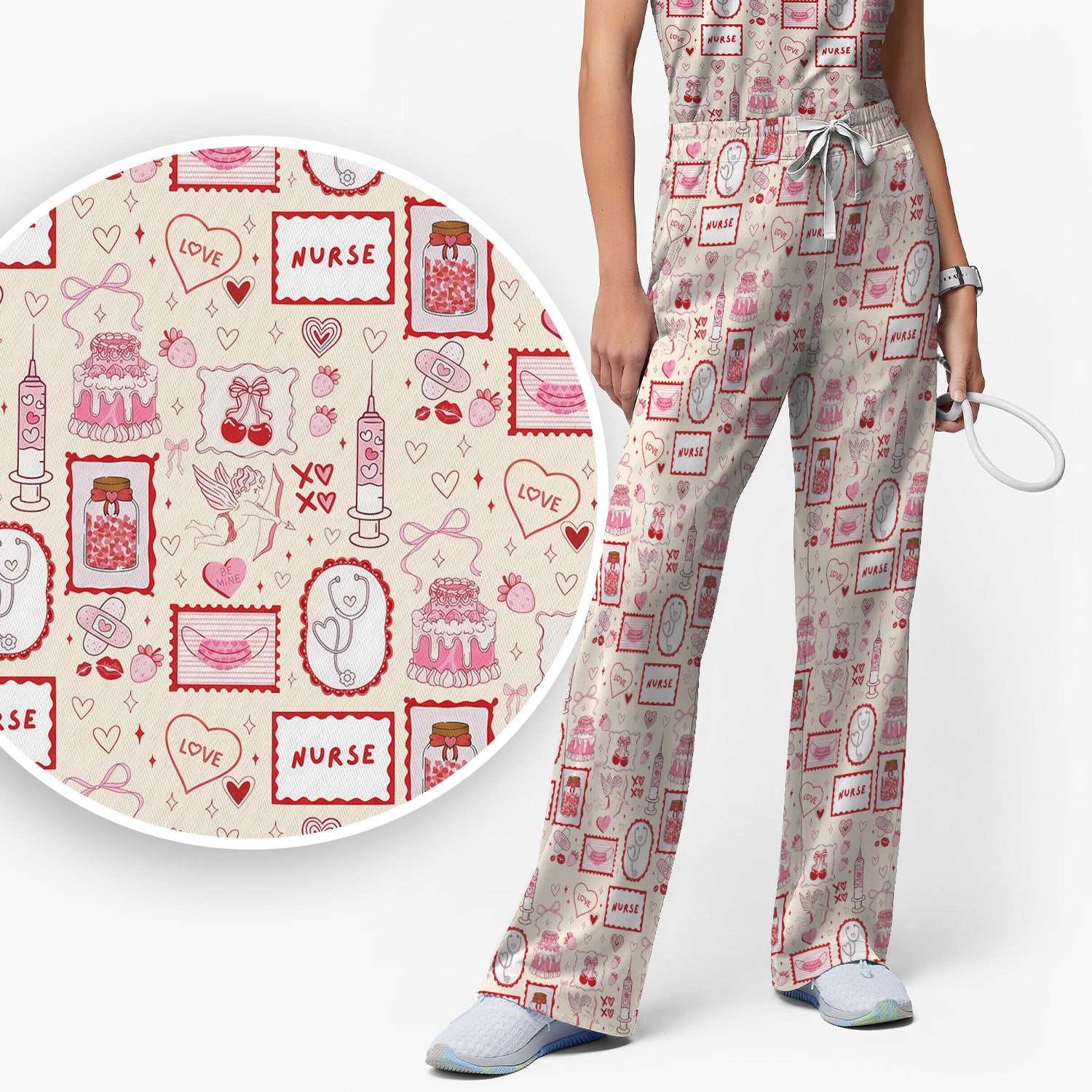 Nurse Icons Hearts Syringes Valentine Scrub Set, Scrub Pants and V Neck Top