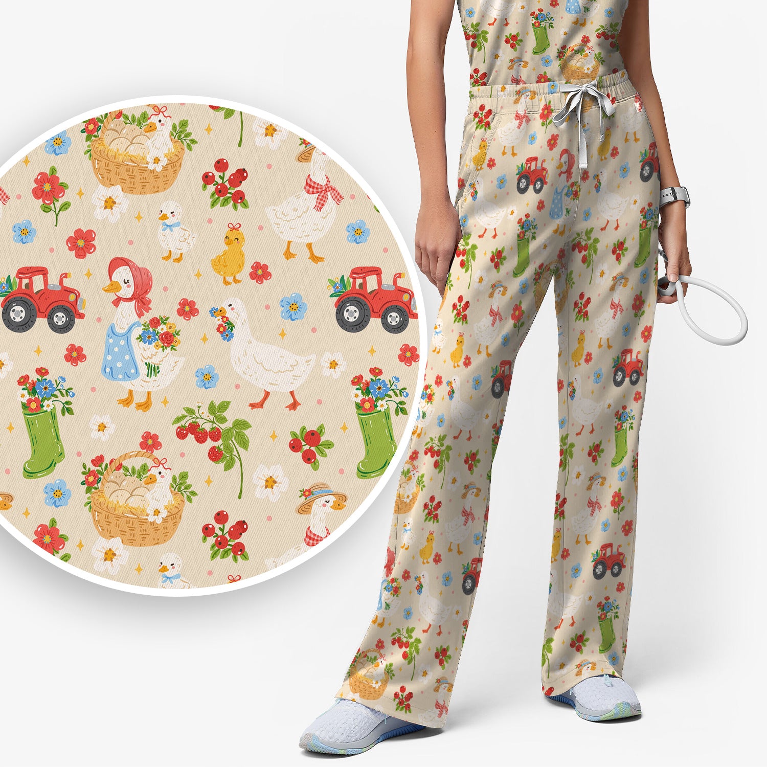 Farm Duck Chicken Tractor Flower Basket Scrub Top, Breathable Fabrics Nursing Uniform