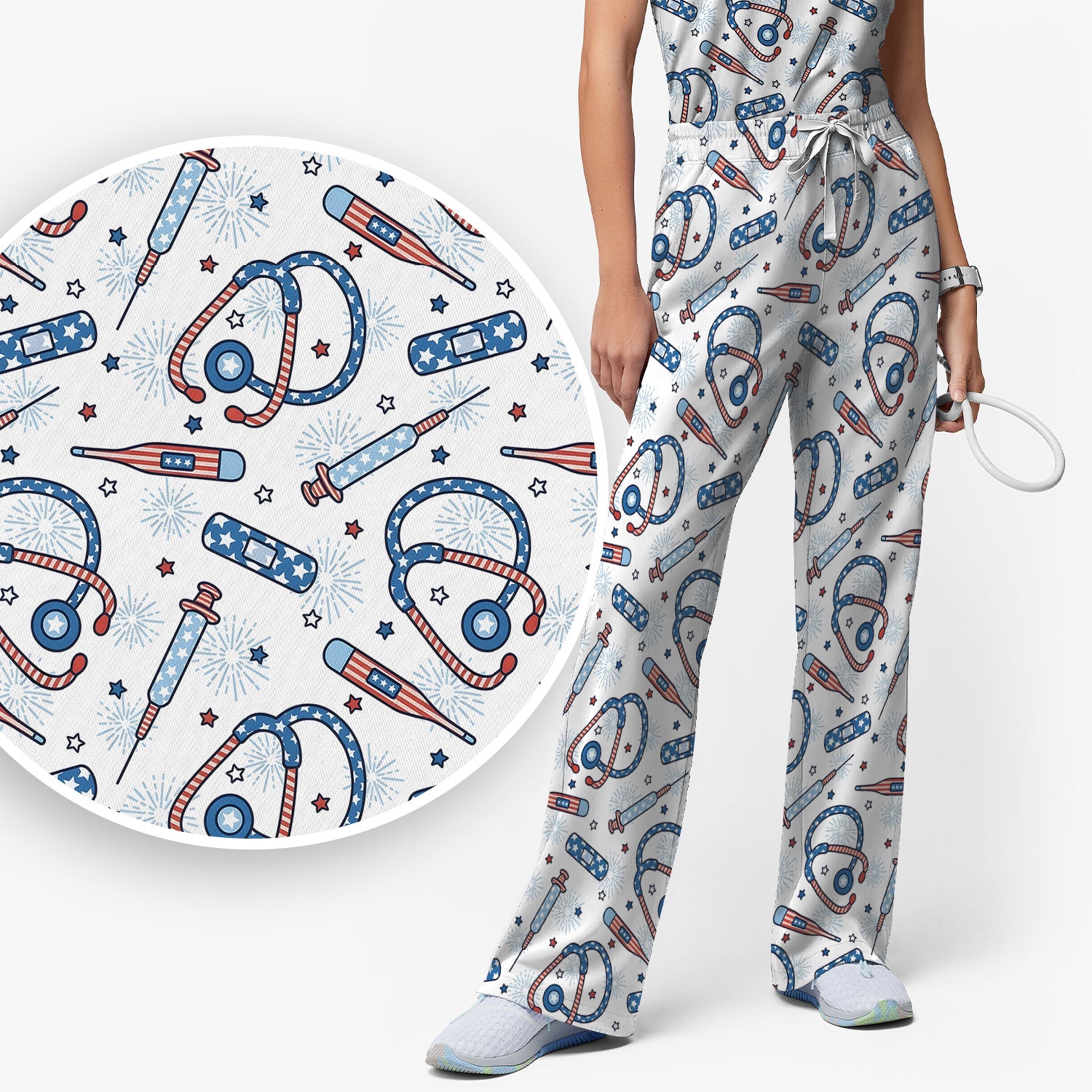 Funny Patriotic Stethoscope Bandage Nurse Pattern Scrub Set, Scrub Pants and V Neck Top