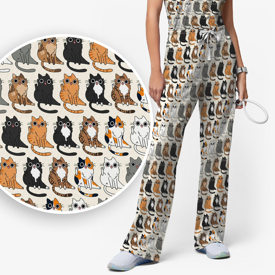 Cute Cartoon Cat Pattern Women's Scrub Set, Scrub Pants and V Neck Top