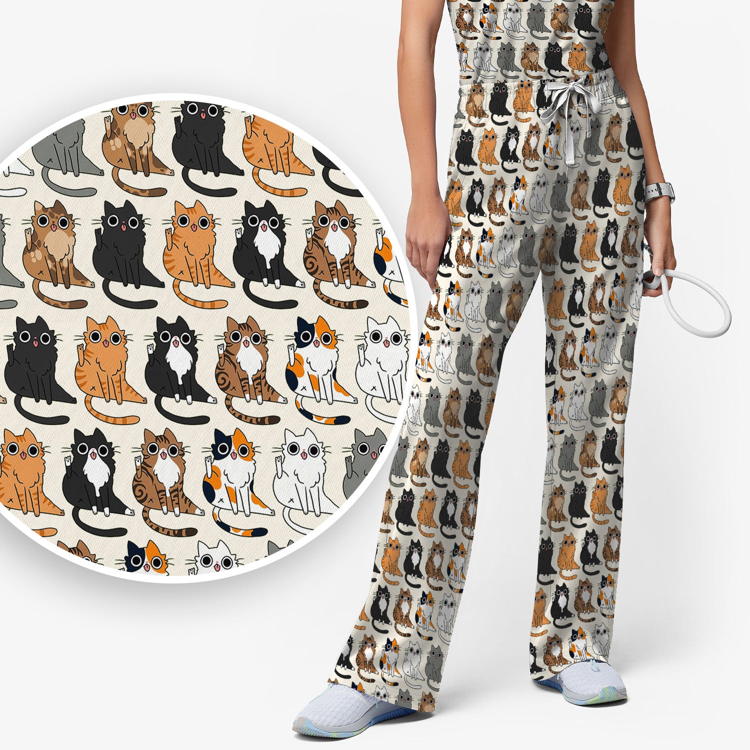 Cute Cartoon Cat Pattern Women's Scrub Set, Scrub Pants and V Neck Top