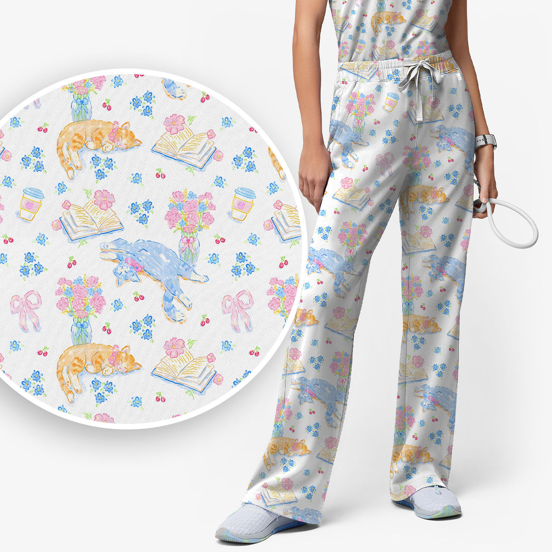 Cute Cats Reading Floral Books Pattern Scrub Set, Scrub Pants and V Neck Top