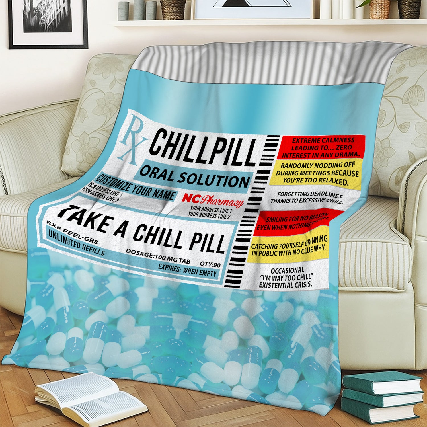 Personalized Funny Chill Pill Blanket for Nurses - Prescription Label Design with Custom Name - Hilarious Gift for RN LPN Doctors