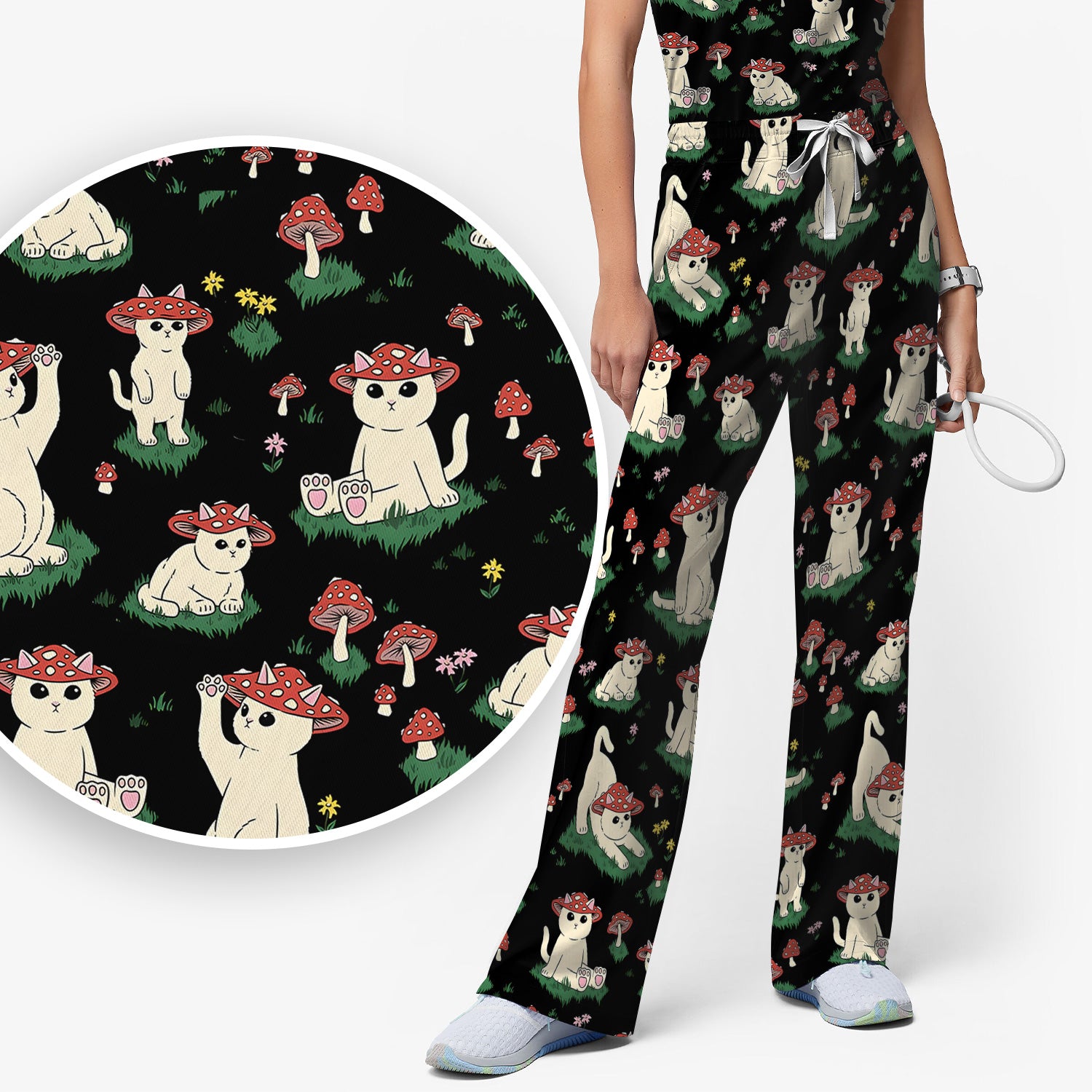 Cute Mushroom Cat Pattern Scrub Set, Scrub Pants and V Neck Top