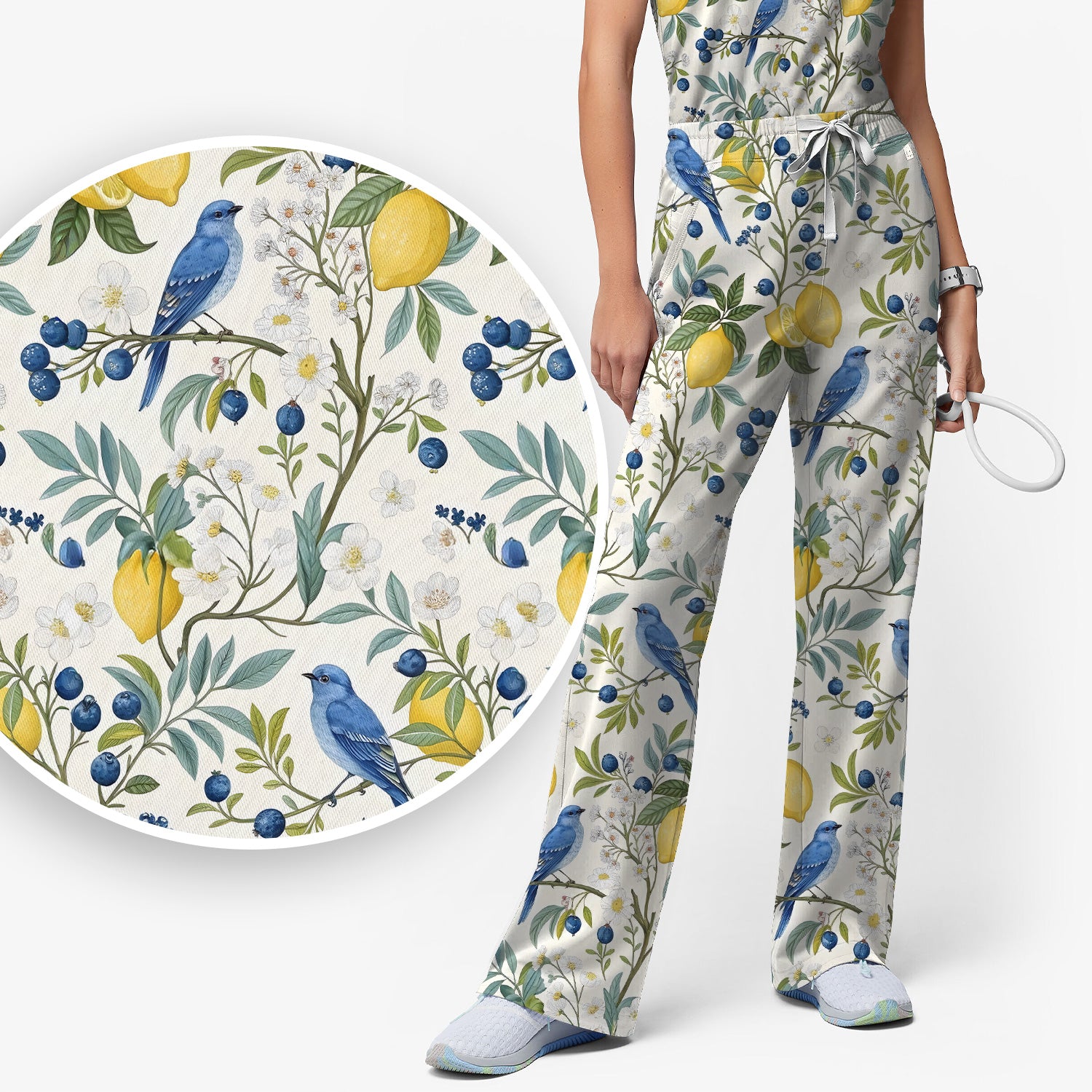 Cute Bluebird Lemon Berry Pattern Scrub Set, Scrub Pants and V Neck Top