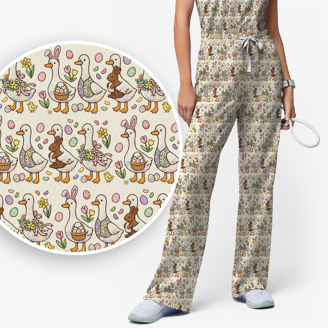Easter Theme Duck and Bunny Egg Floral Print Scrub Set, Breathable Med Uniform