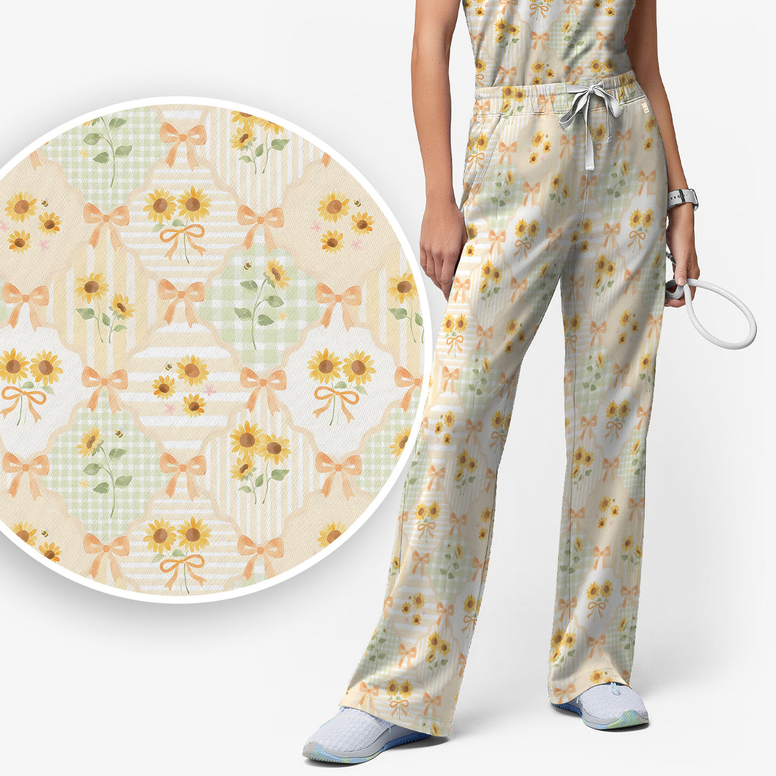 Cute Sunflower Ribbon Patchwork Pattern Scrub Set, Scrub Pants and V Neck Top