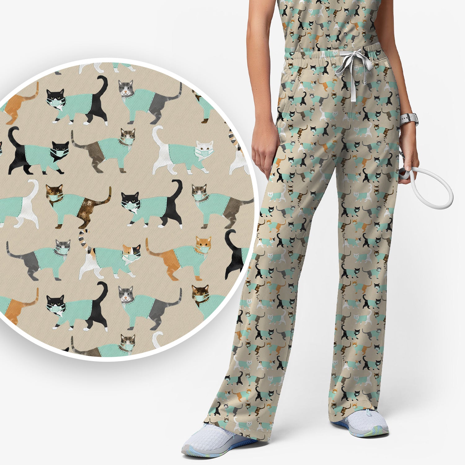 Playful Cat Nurse All Over Print Scrub Set, Scrub Pants and V Neck Top