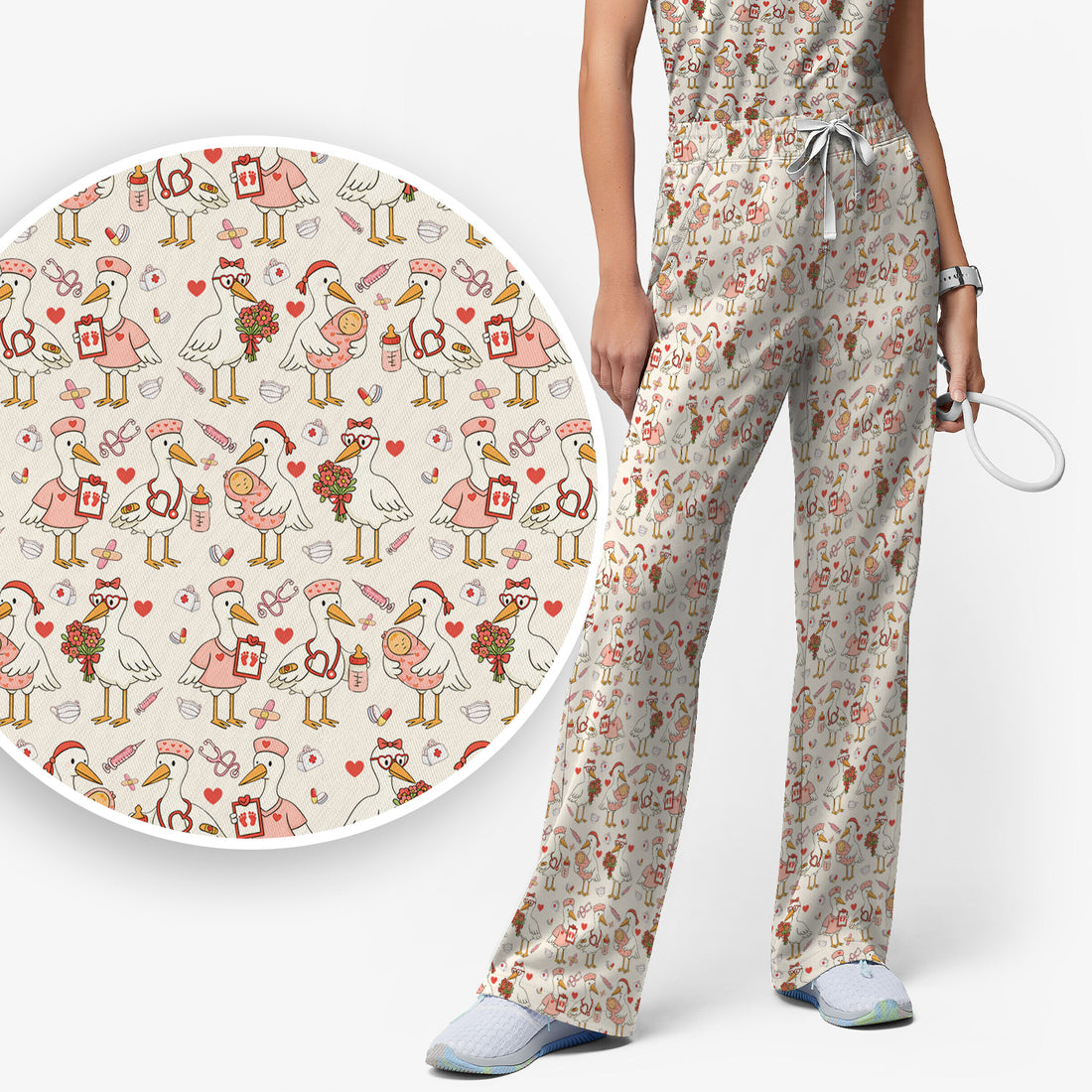 Cute Goose Nurse Valentine Print Scrub Set, Breathable Med Uniform