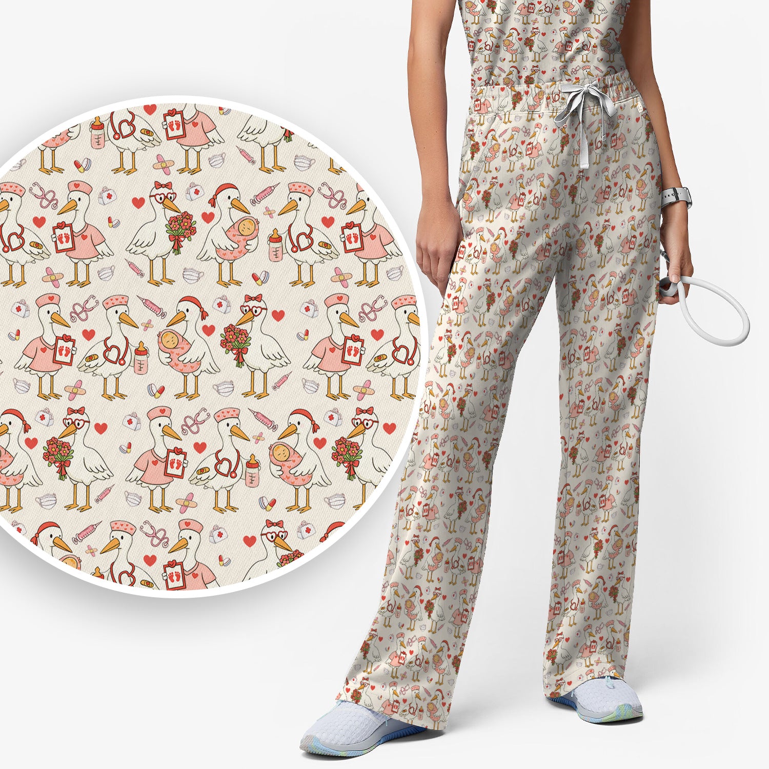 Cute Goose Nurse Valentine Print Scrub Set, Breathable Med Uniform