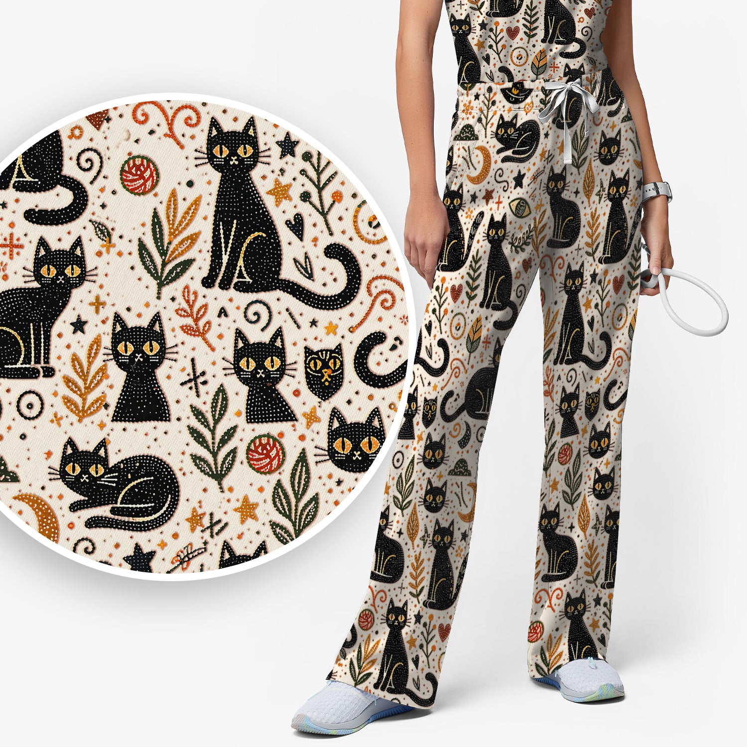 Mystic Black Cat Celestial Doodle Pattern Scrub Set, Scrub Pants and V Neck Top