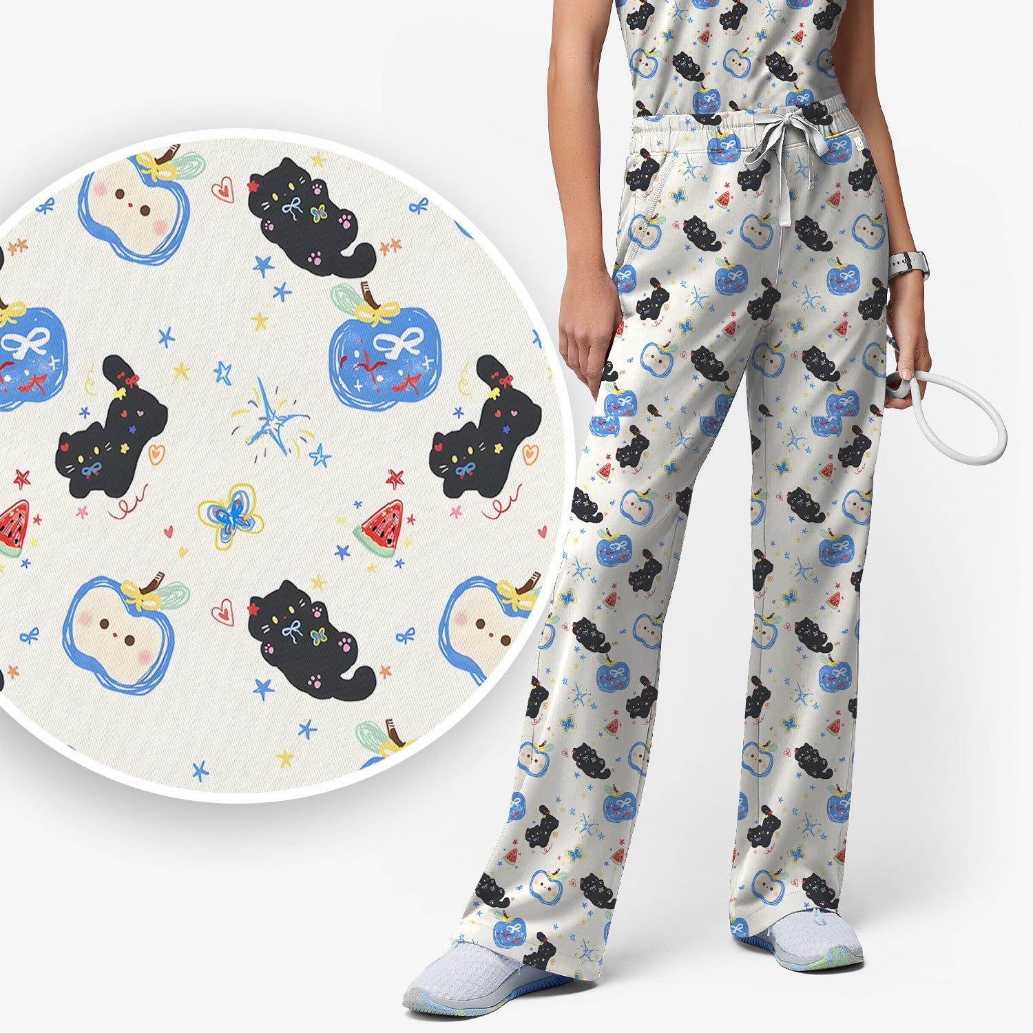 Playful Black Cat Apple Pattern Medical Scrub Top for Medical Staff