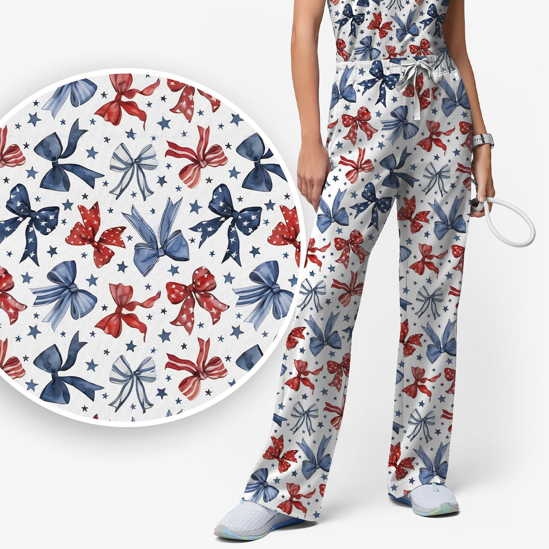 Patriotic Red Blue Ribbon Pattern Scrub Set, Scrub Pants and V Neck Top
