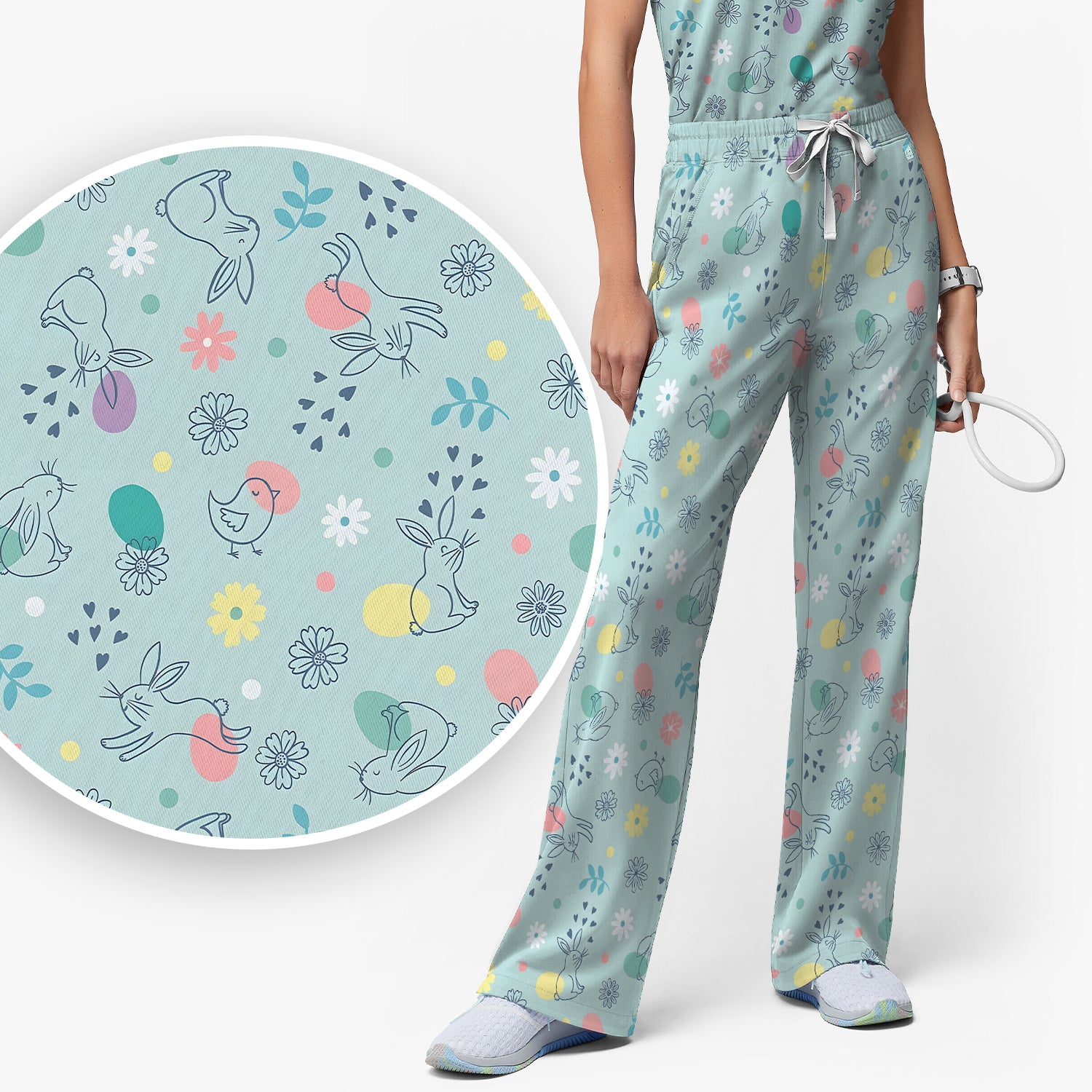 Whimsical Easter Bunny Eggs Pattern Scrub Set, Scrub Pants and V Neck Top
