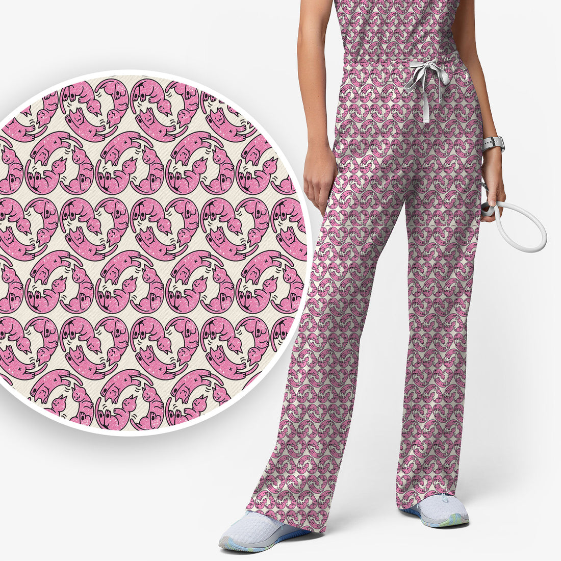 Cute Pink Cat Cartoon All Over Print Set, Women’s Scrub Sets