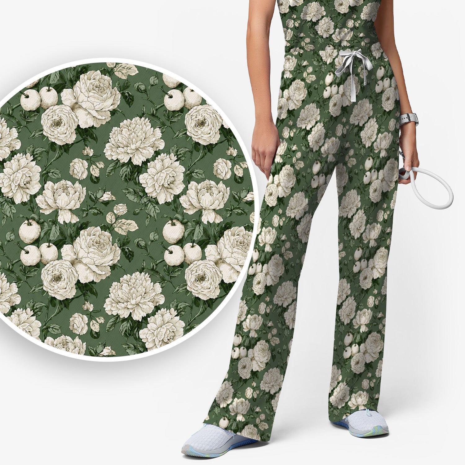 Elegant White Rose Garden Pattern Scrub Set, Scrub Pants and V Neck Top
