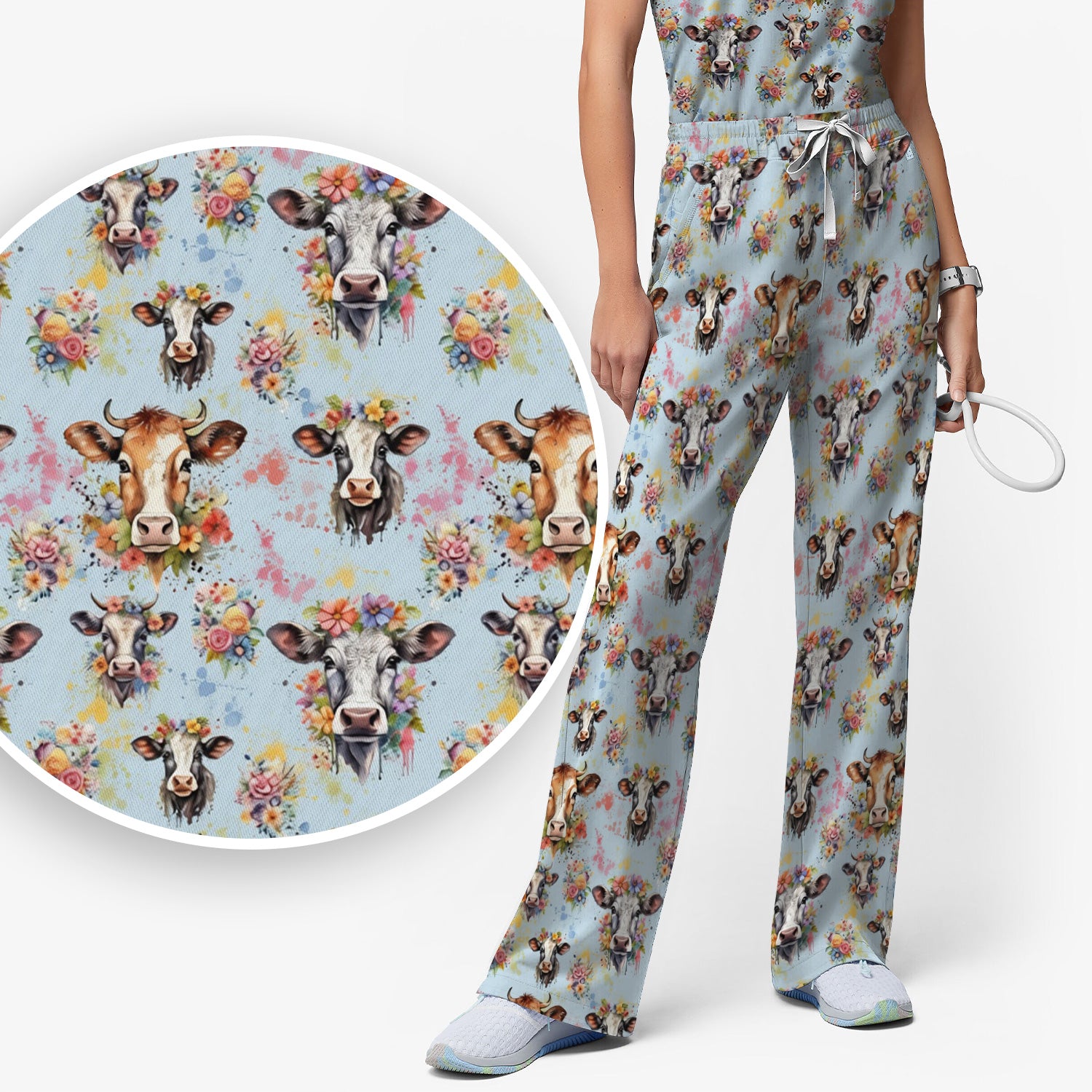 Cute Floral Cow Farm Animal Pattern Scrub Set, Scrub Pants and V Neck Top
