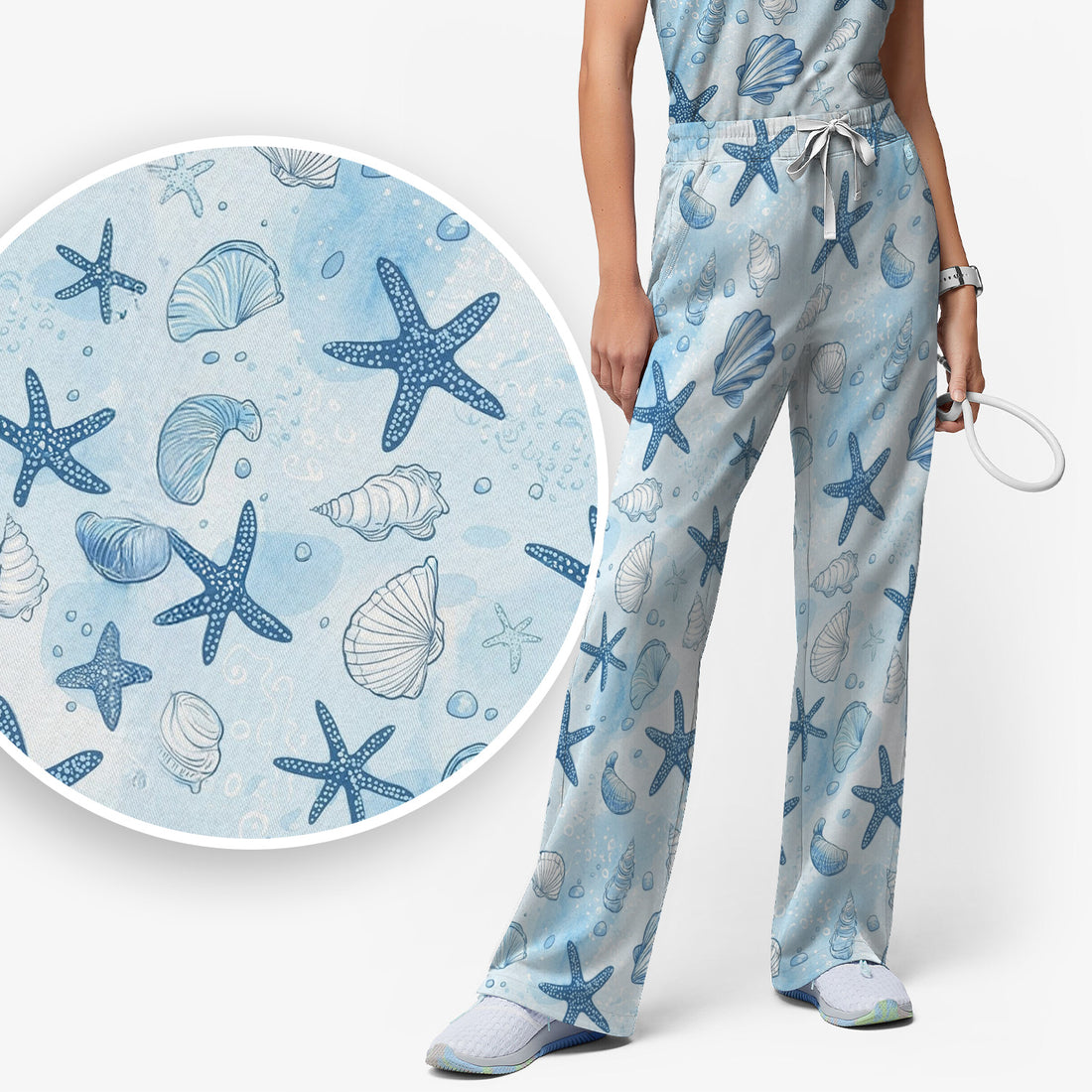 Blue Sea Shells Starfish Pattern Scrub Sets, Scrub Pants and V Neck Top