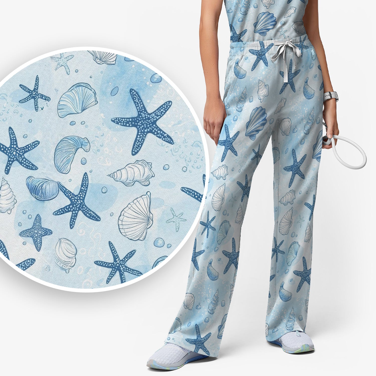 Blue Sea Shells Starfish Pattern Scrub Sets, Scrub Pants and V Neck Top