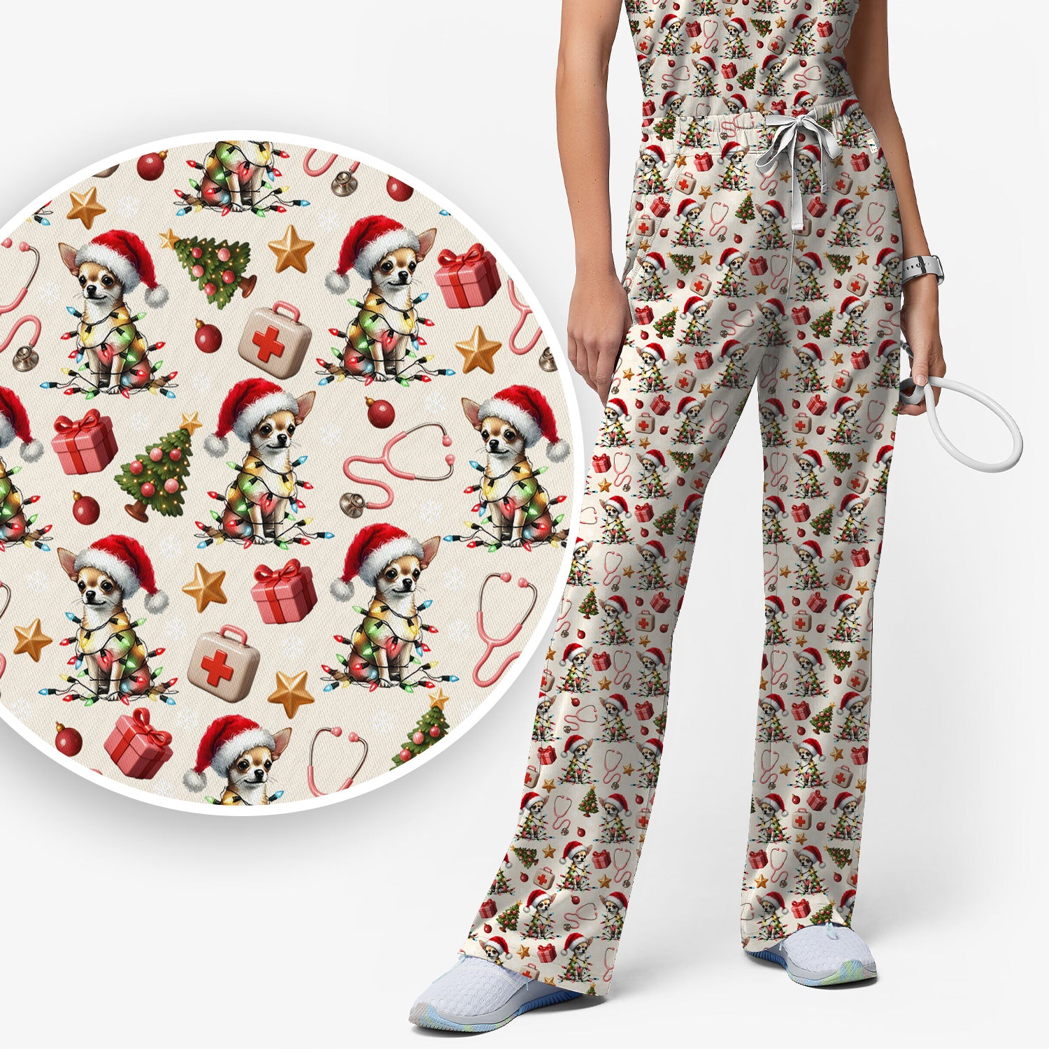 Funny Chihuahua Nurse Scrub Set, Christmas Dog Pattern Scrub With Top And Pants, Holiday Scrubs for RN, LPN, CNA, Vet Tech Gift