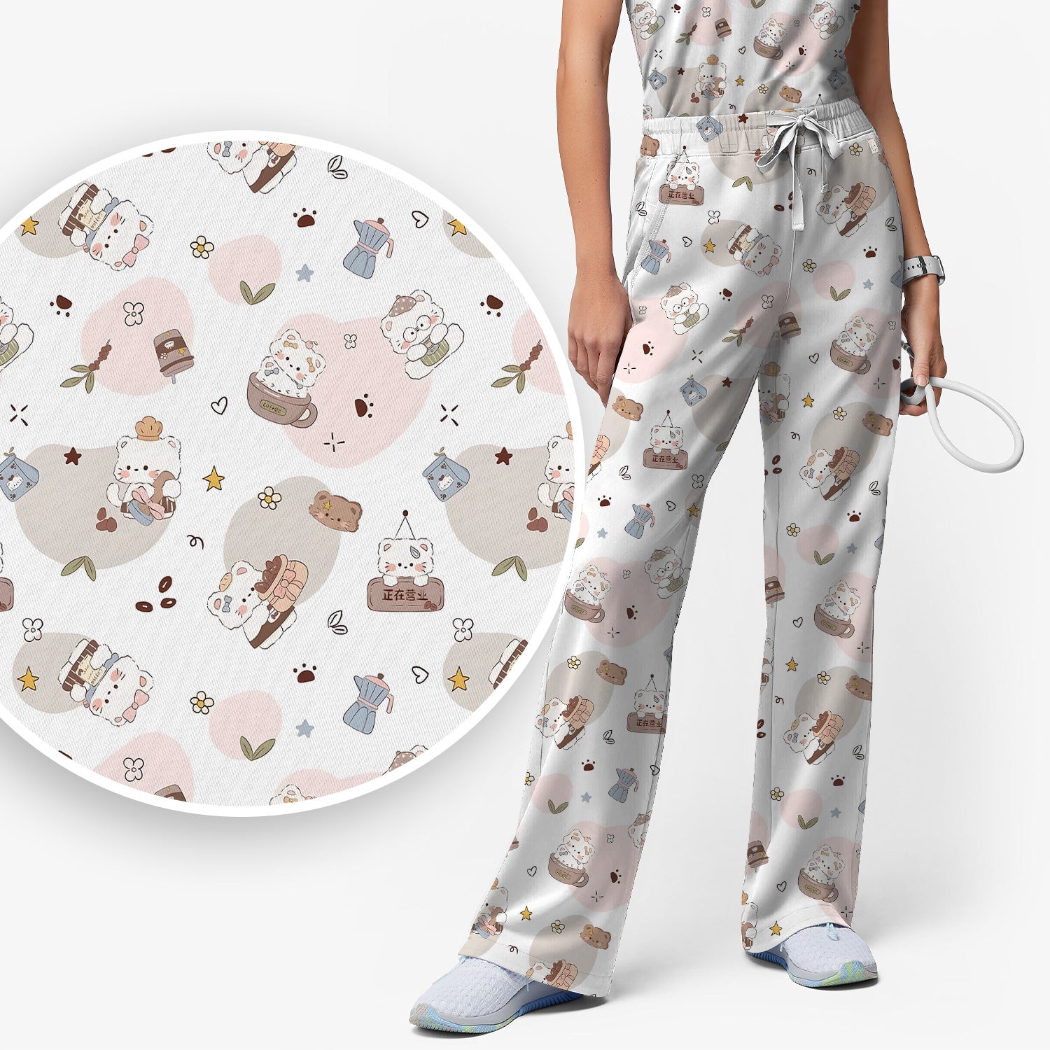 Cute Cat With Coffee Paw Heart Pattern Scrub Set, Scrub Pants and V Neck Top