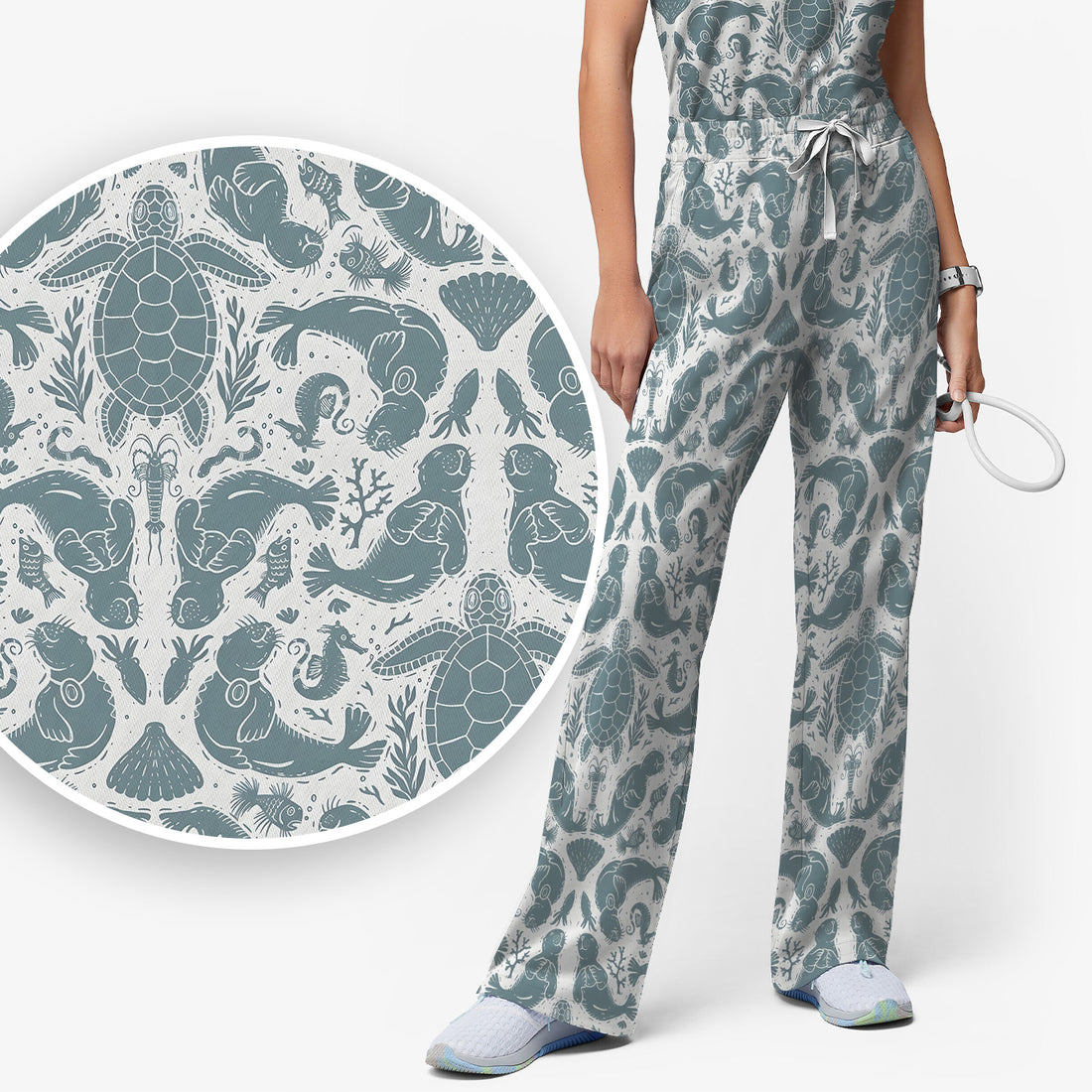 Ocean Sea Marine Life Pattern Scrub Set, Scrub Pants and V Neck Top