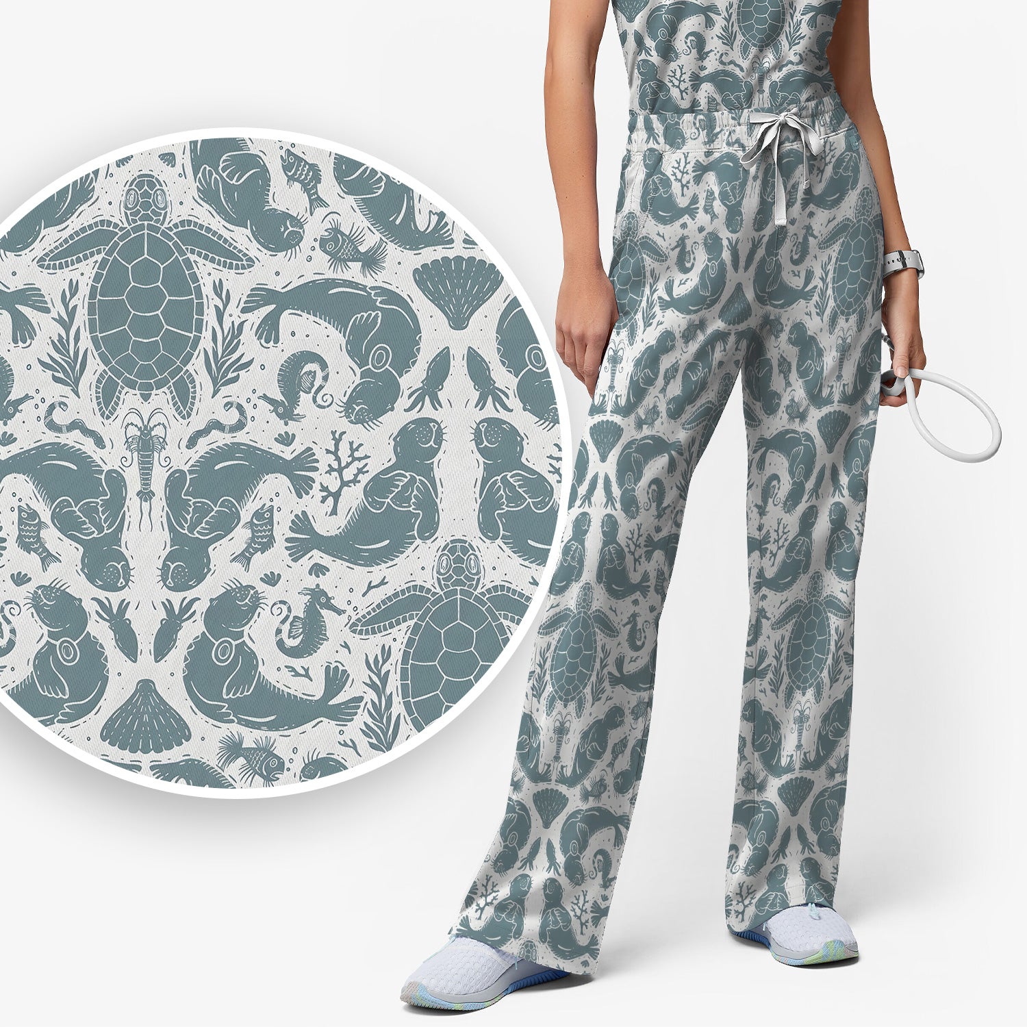 Ocean Sea Marine Life Pattern Scrub Set, Scrub Pants and V Neck Top