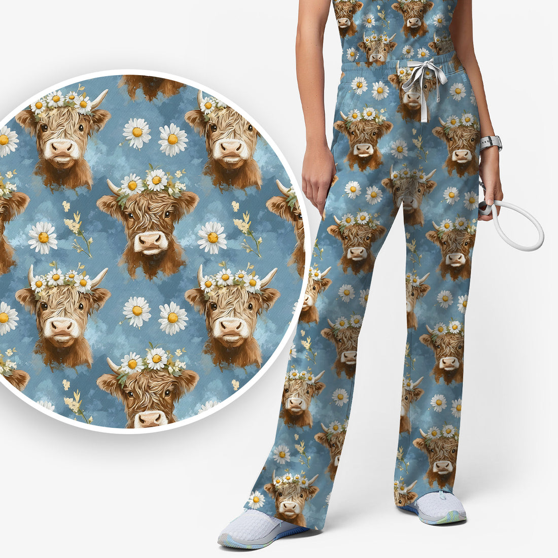 Highland Cow Daisy Flower Pattern Scrub Set, Scrub Pants and V Neck Top