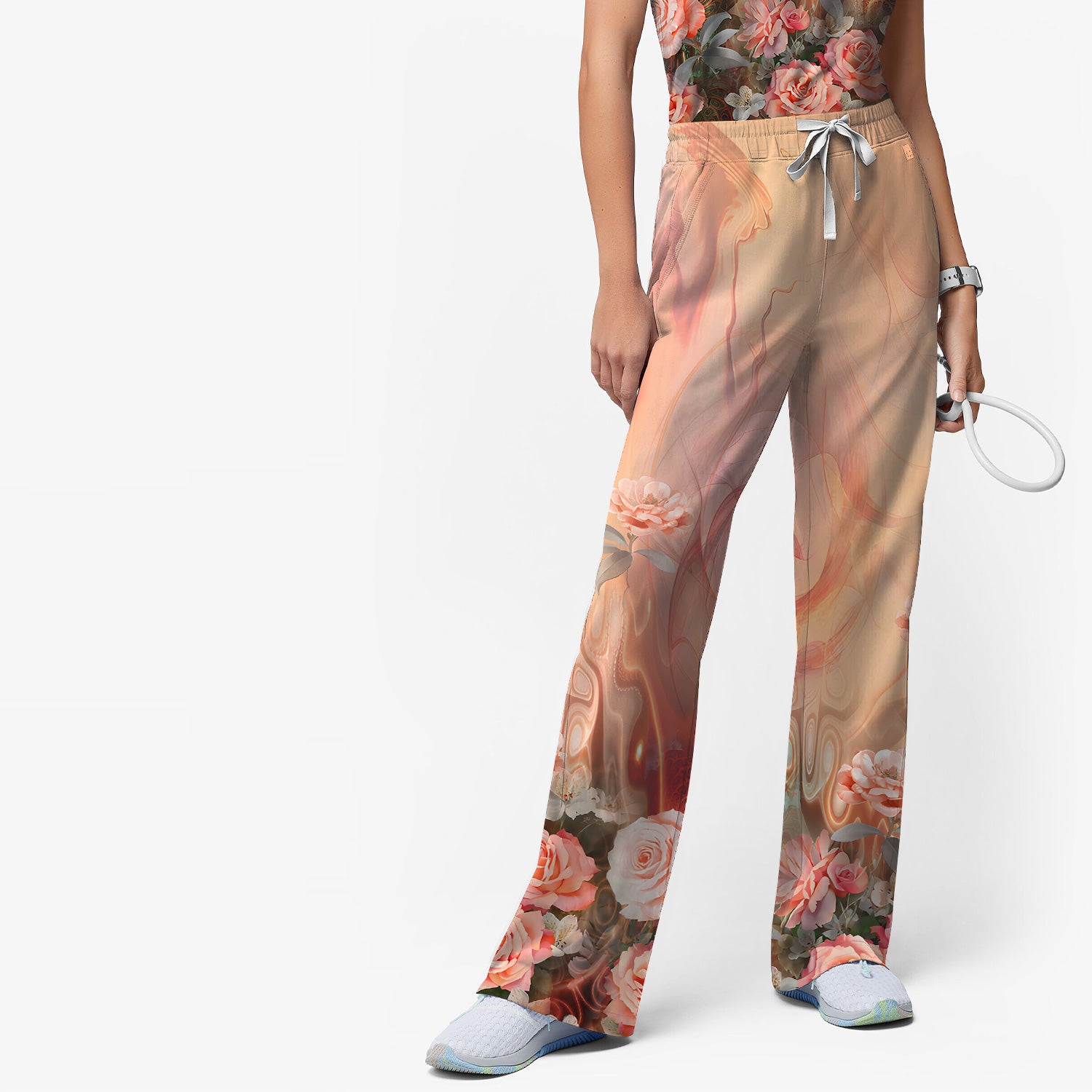 Elegant Peach Marble Rose Pattern Scrub Set, Scrub Pants and V Neck Top