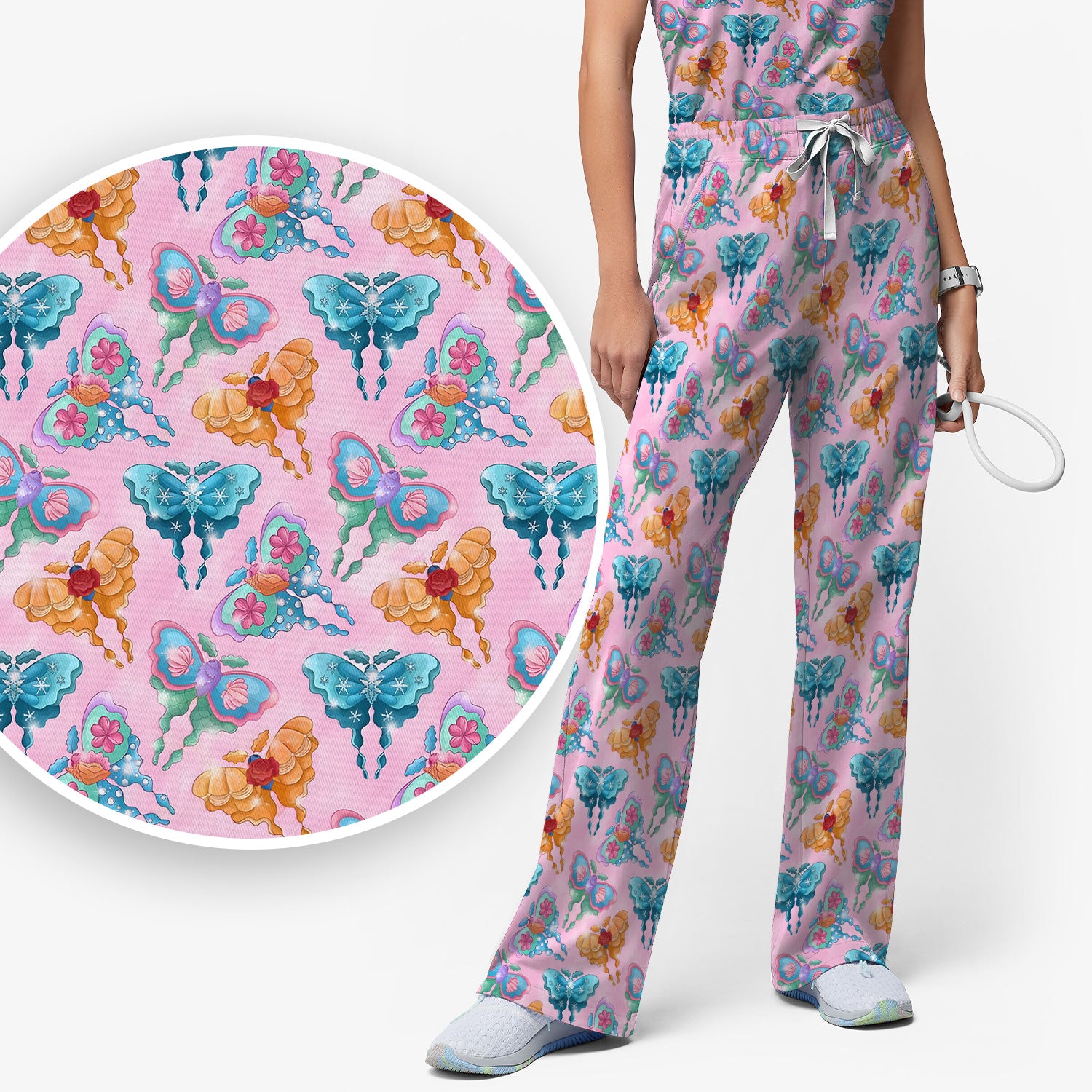 Colorful Butterfly With Floral Blossom Pattern Scrub Set, Scrub Pants and V Neck Top