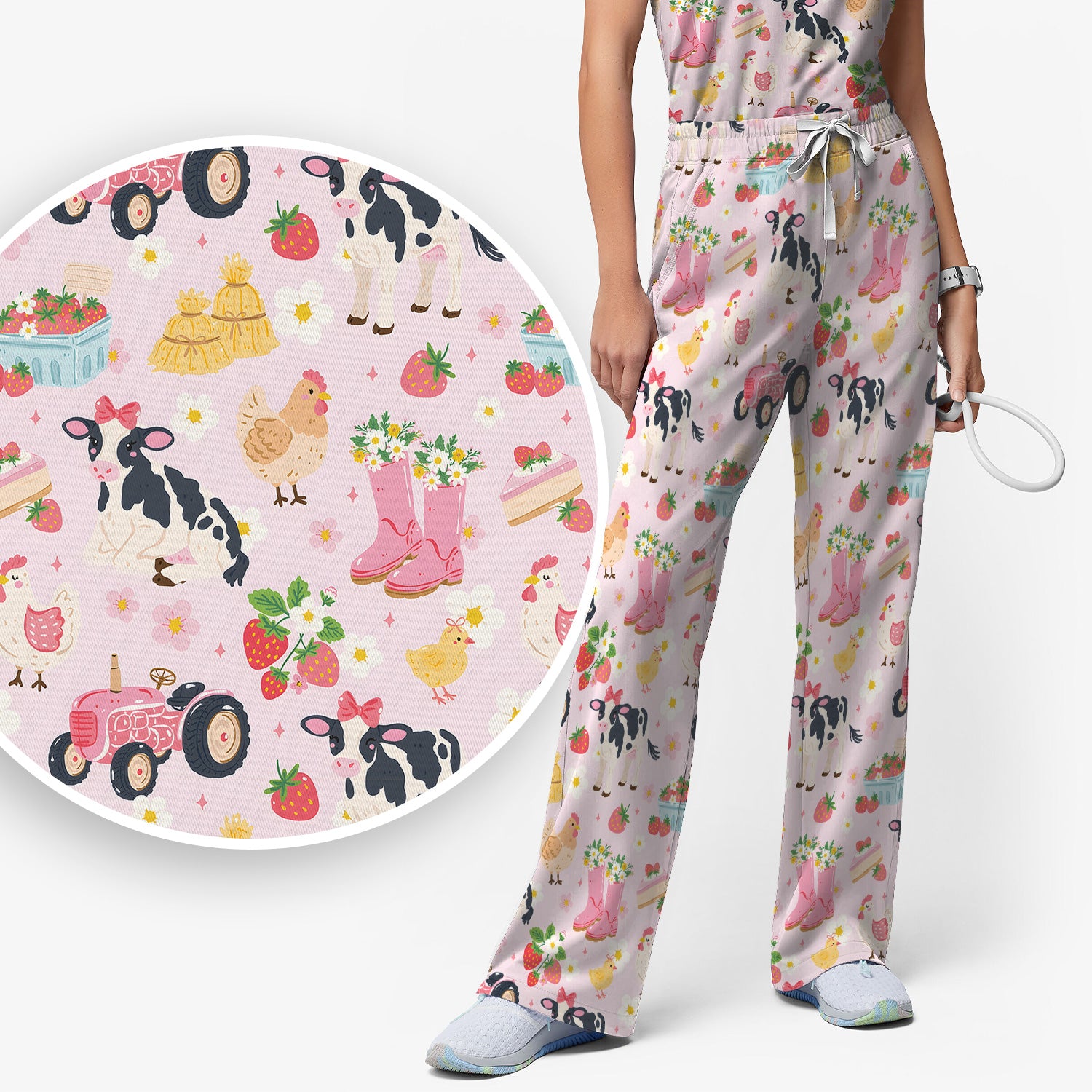Cute Farm Animals & Strawberry Garden Pattern Scrub Set, Scrub Pants and V Neck Top