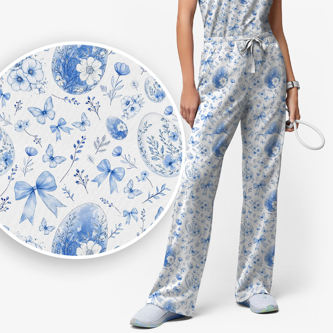 Butterfly Floral Bow Vintage Pattern Scrub Set, Scrub Pants and V Neck Top
