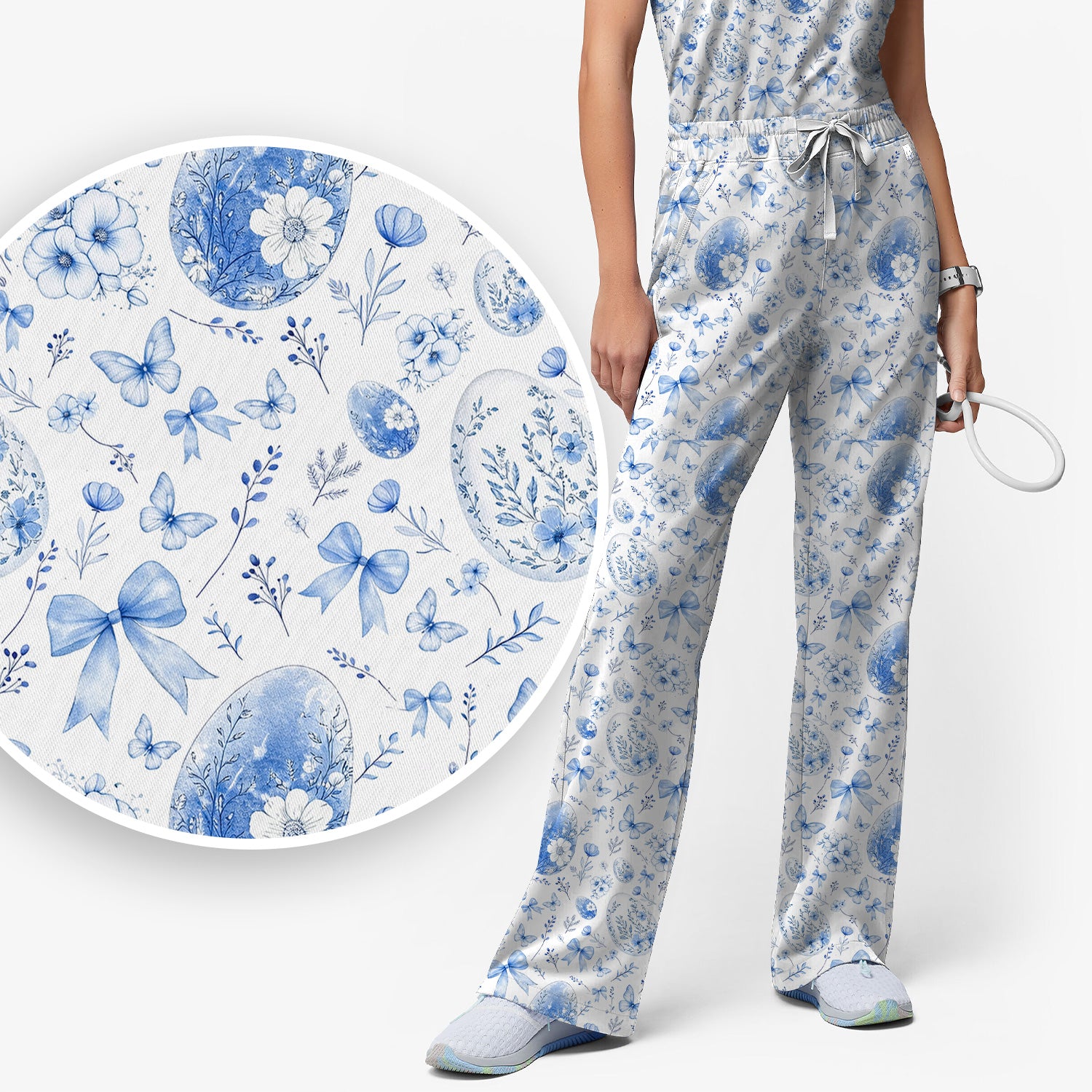 Butterfly Floral Bow Vintage Pattern Scrub Set, Scrub Pants and V Neck Top