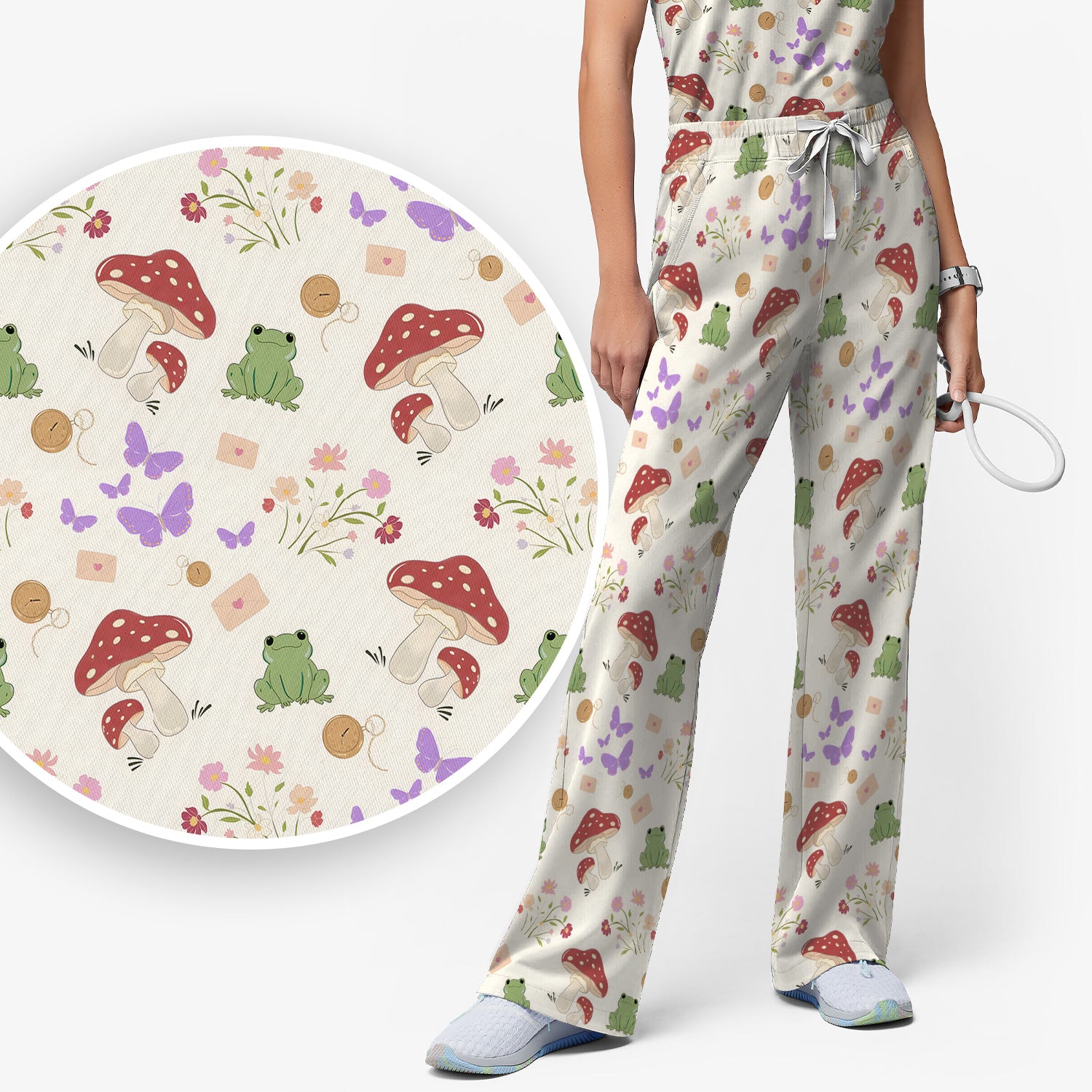 Adorable Nurse Frog and Mushroom Garden Print Scrub Set, Scrub Pants and V Neck Top