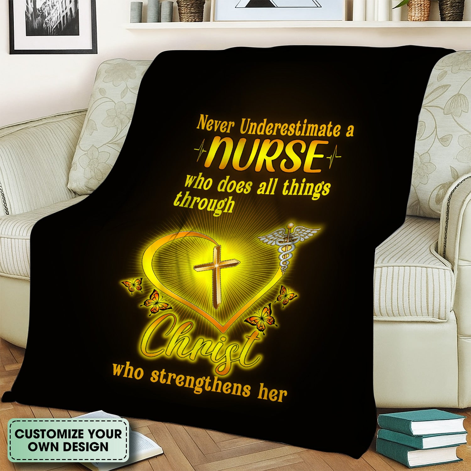 Personalized Faith Nurse Throw Blanket -  Inspirational Bible Verse Quote for RN LPN CNA - Gift for Christian Healthcare Staff