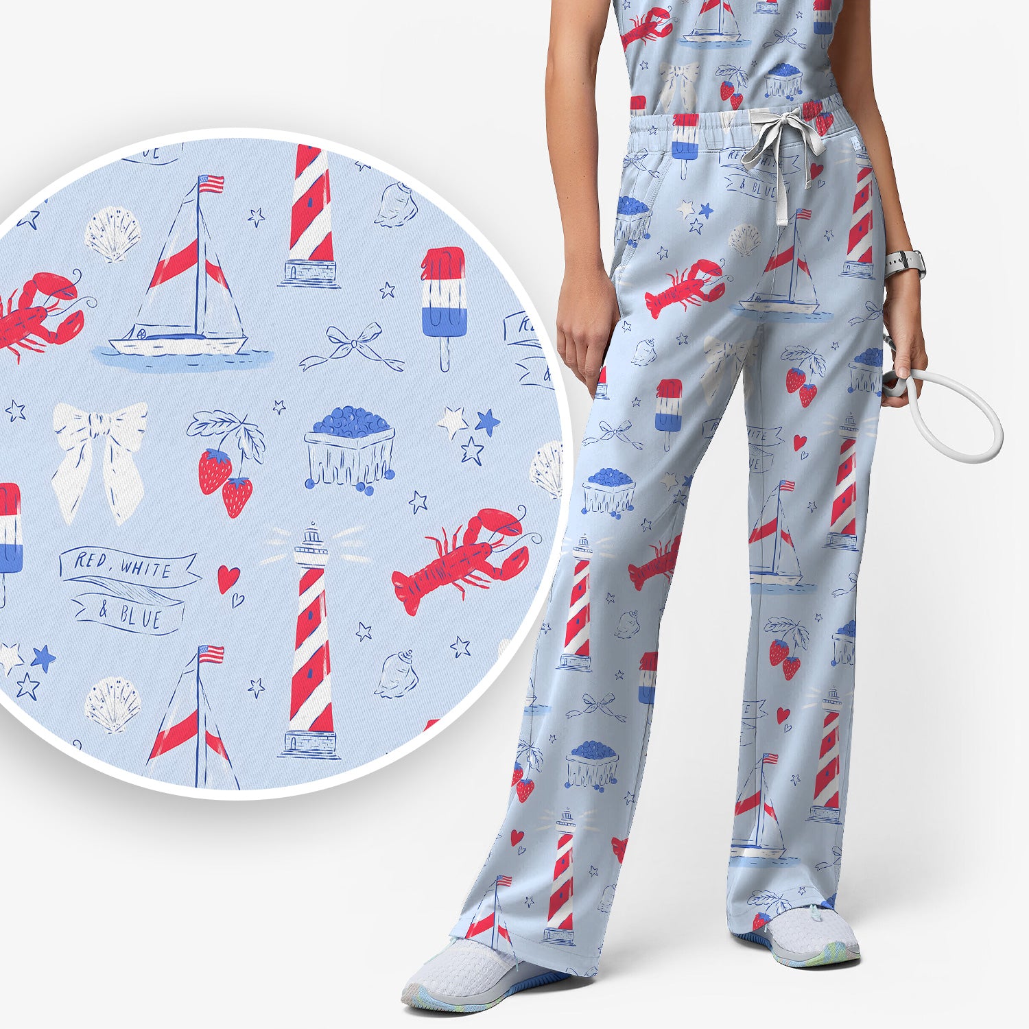 Lobster Lighthouse Sailboat Pattern Scrub Set, Scrub Pants and V Neck Top
