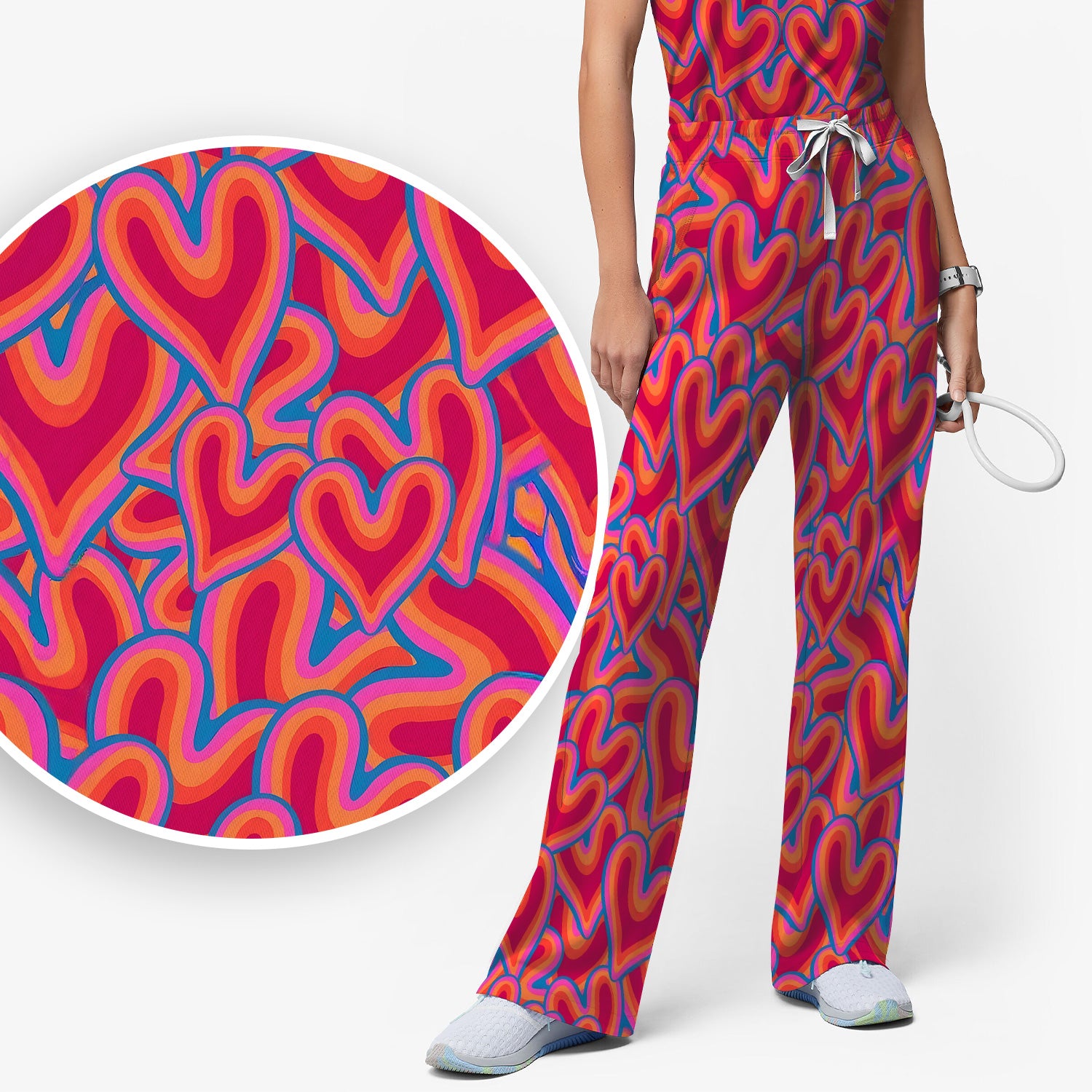 Cute Valentine Nurse Heart Pattern Scrub Set, Scrub Pants and V Neck Top