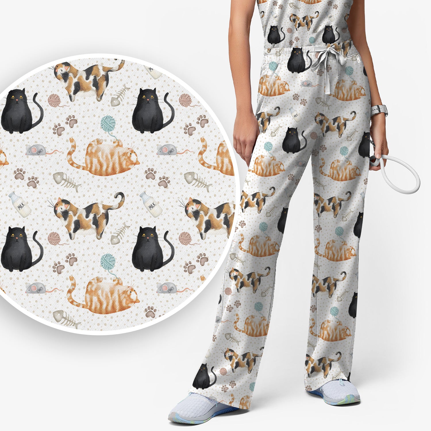 Cute Cat Yarn Paw Pattern Scrub Set, Scrub Pants and V Neck Top