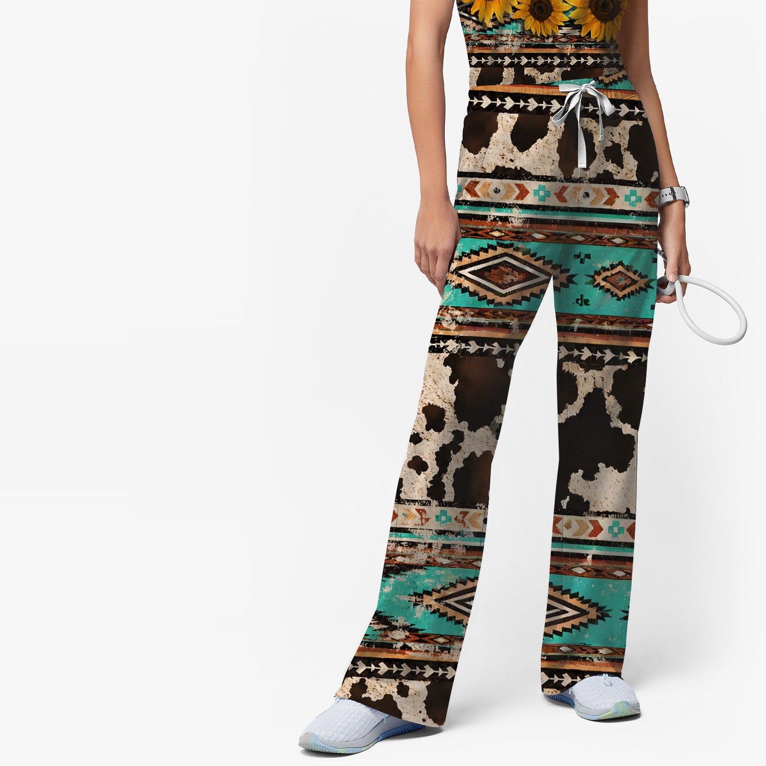 Western Highland Cow Sunflowers Print Scrub Set, Scrub Pants and V Neck Top