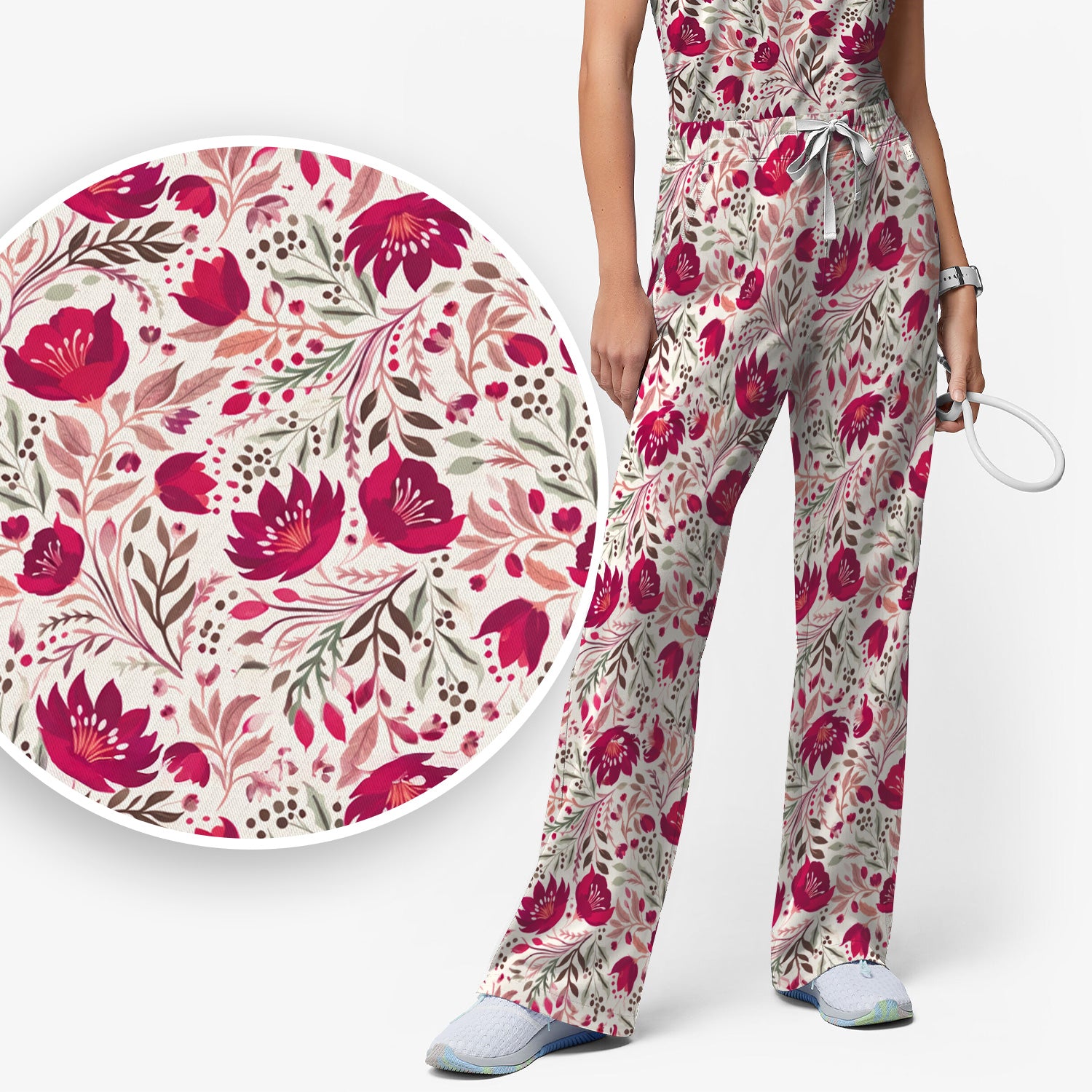Elegant Floral Botanical Pattern Scrub Set, Women's Scrub Sets