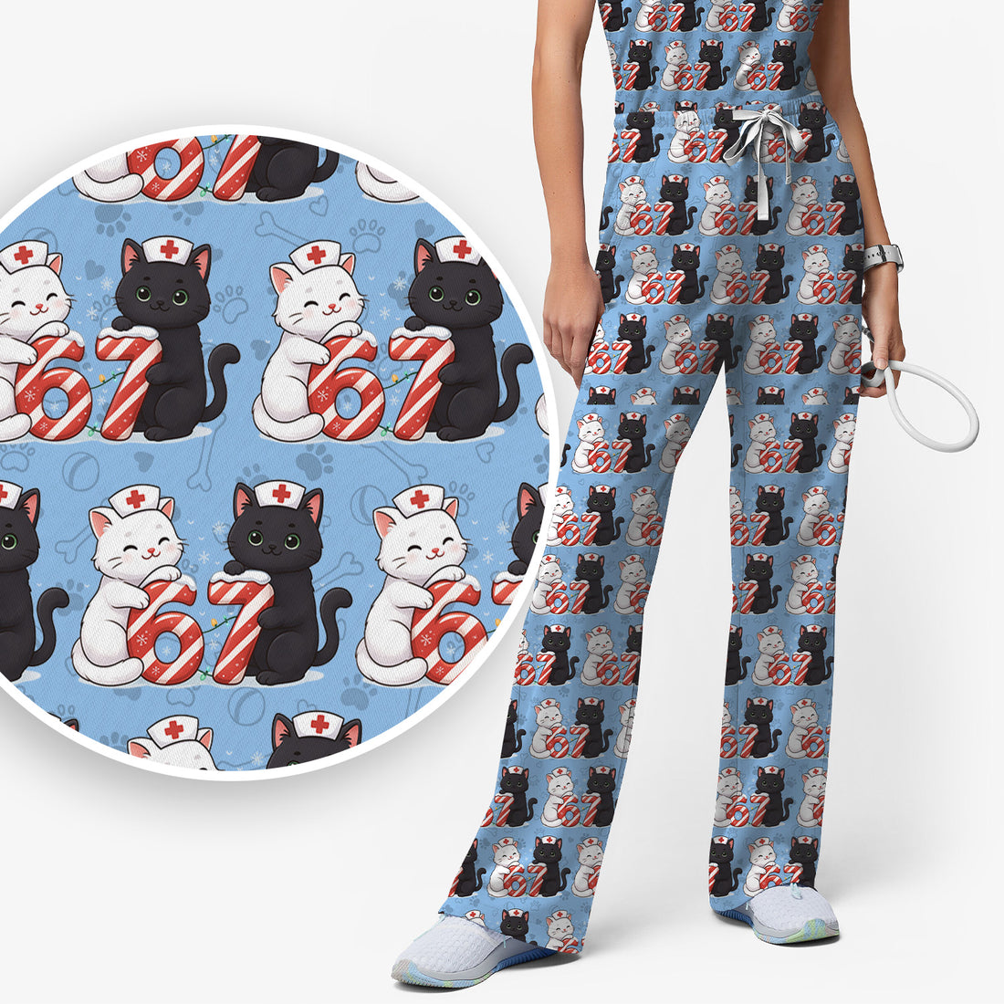 Xmas Cat Pattern Scrub Set, Christmas Nurse Six Seven With Cat Scrub Shirt, Breathable Fabrics Nursing Uniform