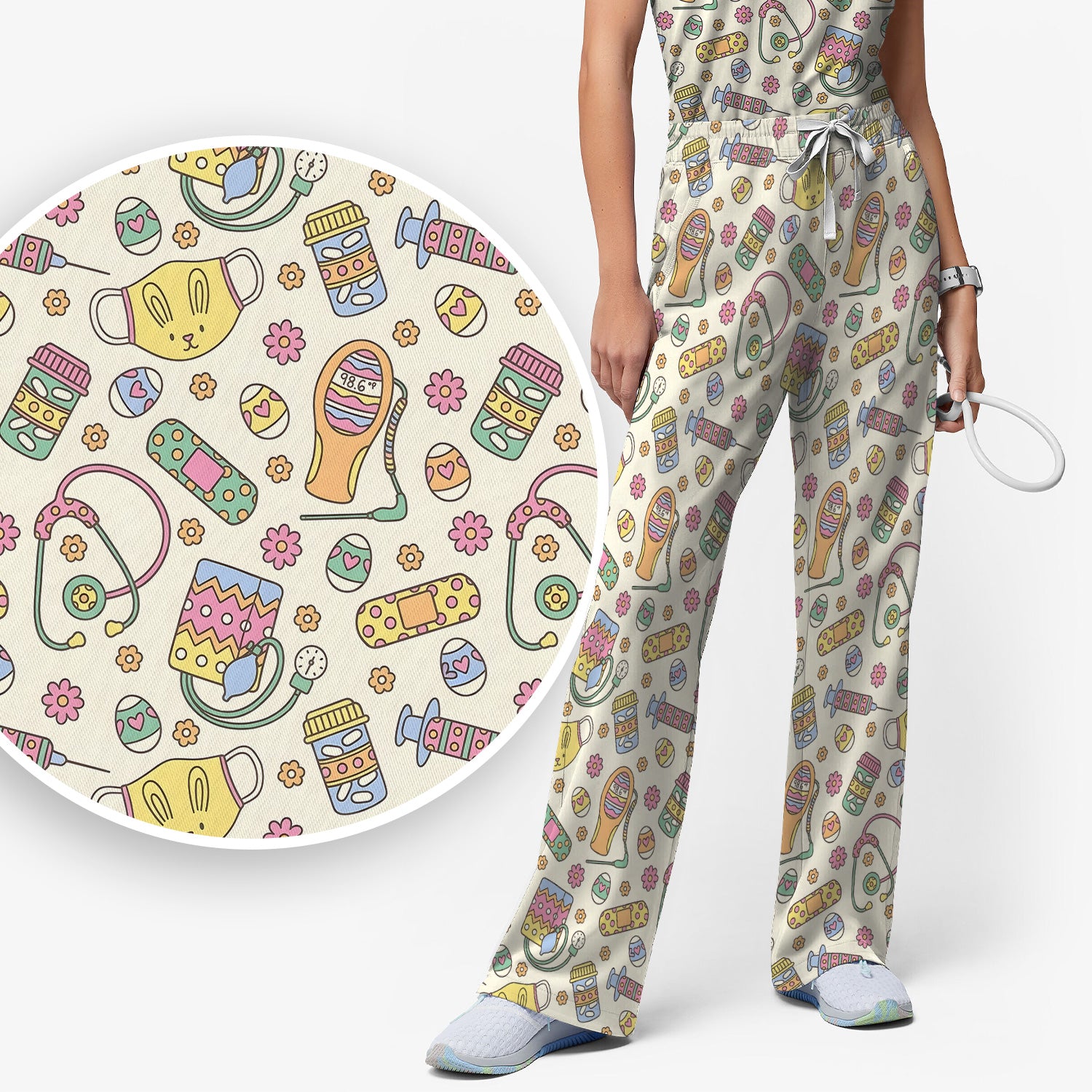 Easter Nurse Bunny Medical Pattern Scrub Set, Scrub Pants and V Neck Top