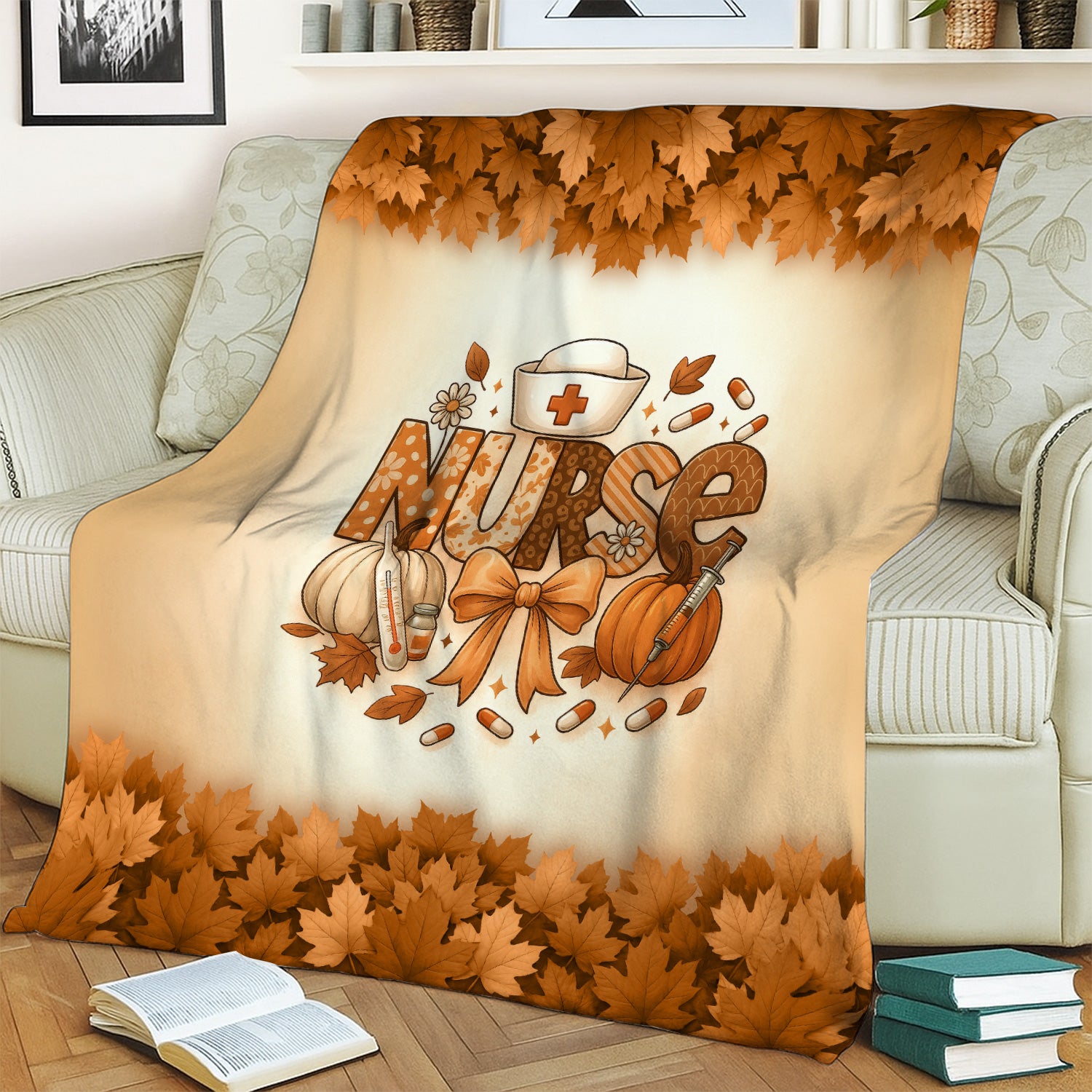 Fall Nurse Blanket with Pumpkins and Leaves - Cozy Autumn Throw for RN CNA LPN - Personalized Thanksgiving Gift for Medical Workers