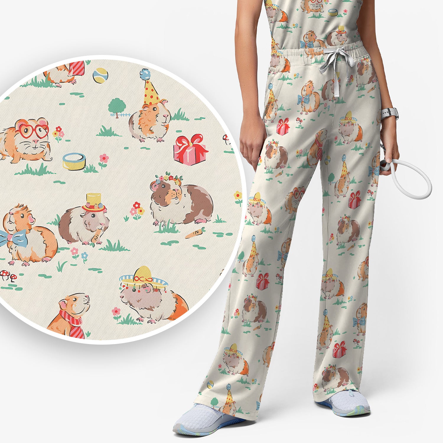 Cute Guinea Pig Party Nurse Pattern Scrub Set, Scrub Pants and V Neck Top