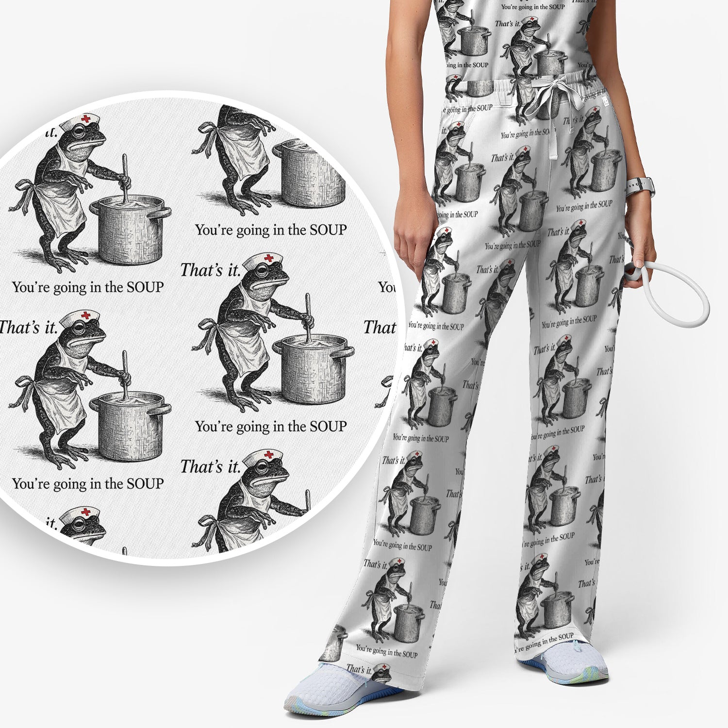 Funny Nurse Frog Cooking Soup Vintage Pattern Scrub Set, Scrub Pants and V Neck Top