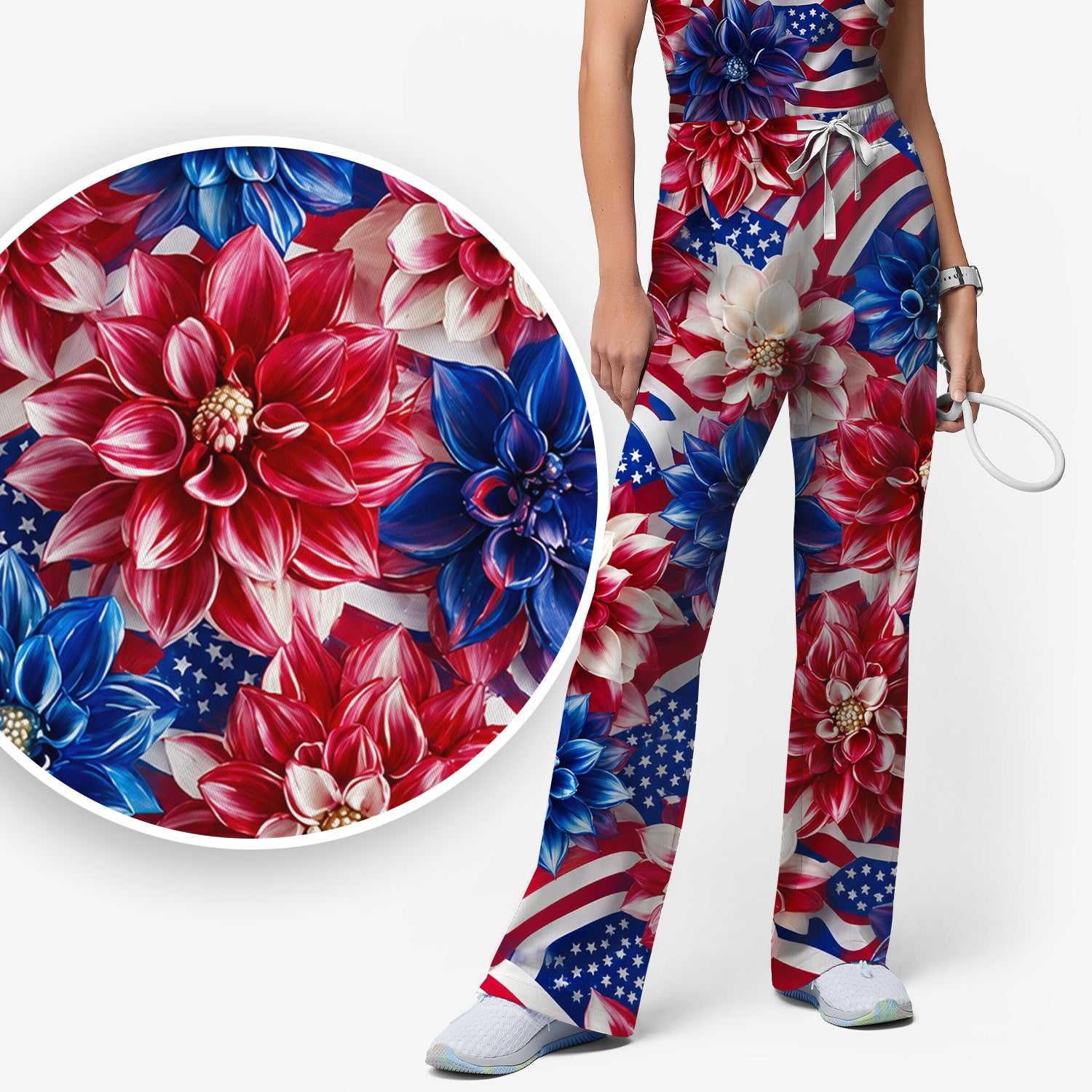 Festive Patriotic Floral Flag Pattern Scrub Set, Scrub Pants and V Neck Top