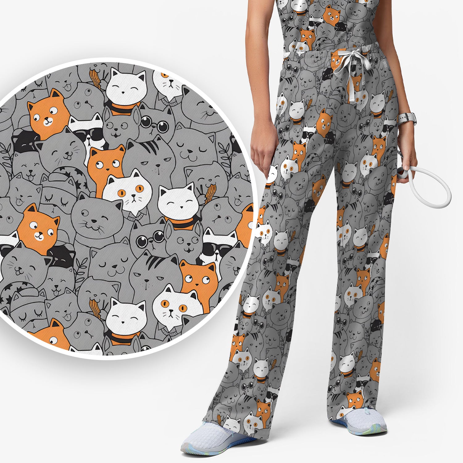 Funny Cats Cute Expressions Pattern Scrub Sets, Scrub Pants and V Neck Top