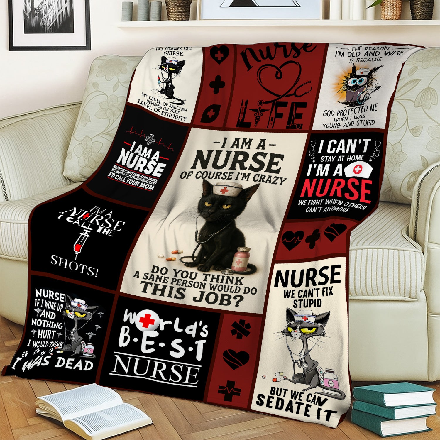 Personalized Nurse Blanket - Funny Nurse Quotes, Cat & Life Designs - Custom Gift for RN, LPN, Healthcare Workers - Multiple Designs Available
