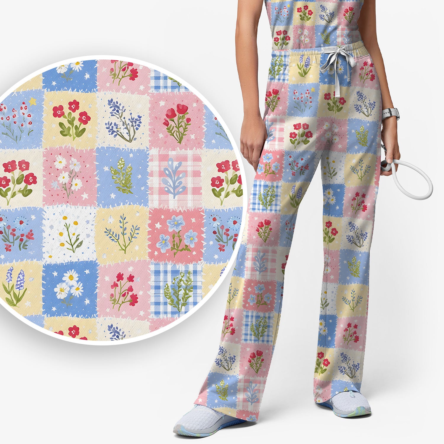 Pastel Patchwork Wildflower Garden Print Scrub Set, Scrub Pants and V Neck Top